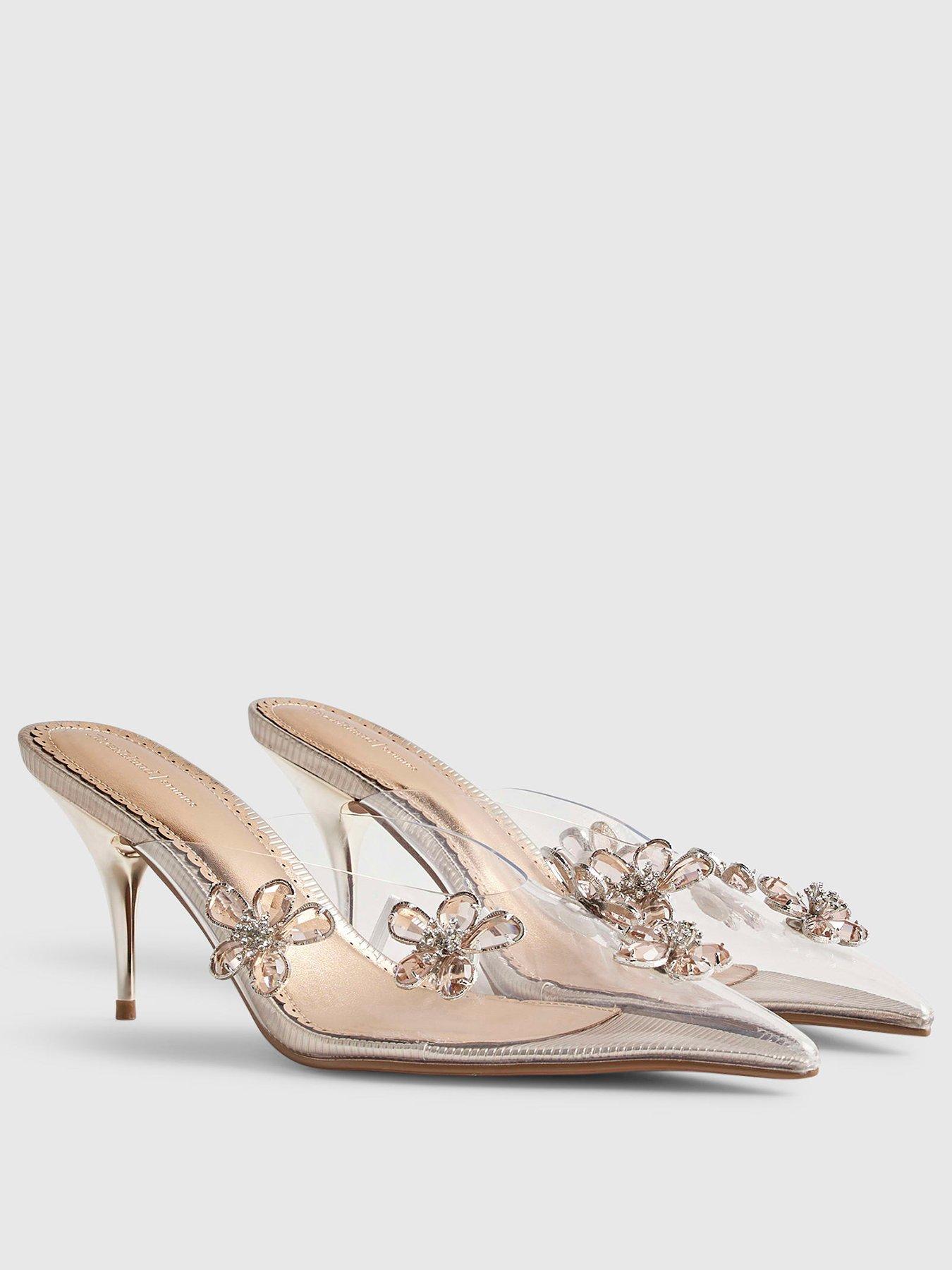 Image 3 of 5 of River Island Perspex Diamante Flower Court Heels - Gold