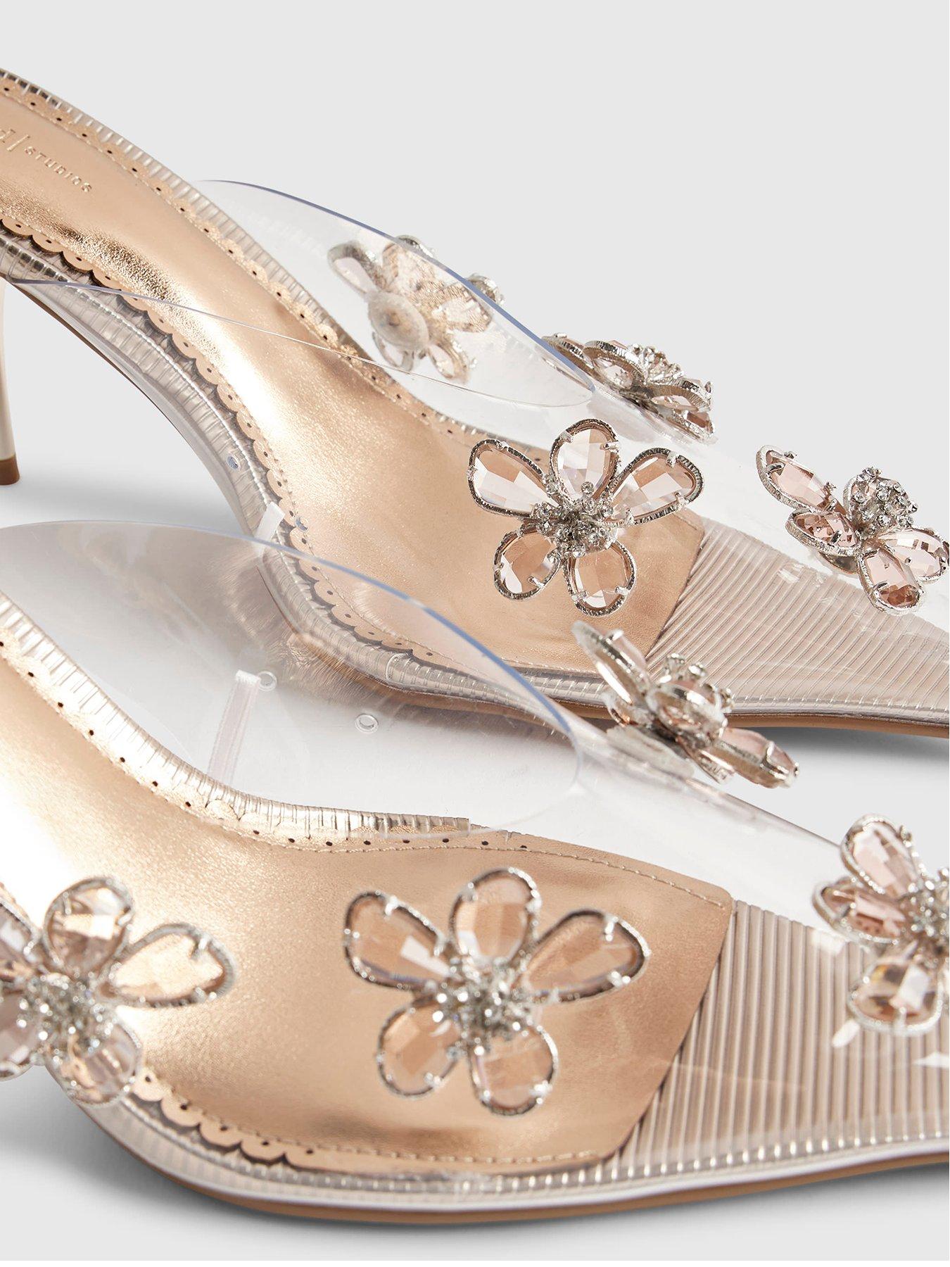 Image 5 of 5 of River Island Perspex Diamante Flower Court Heels - Gold