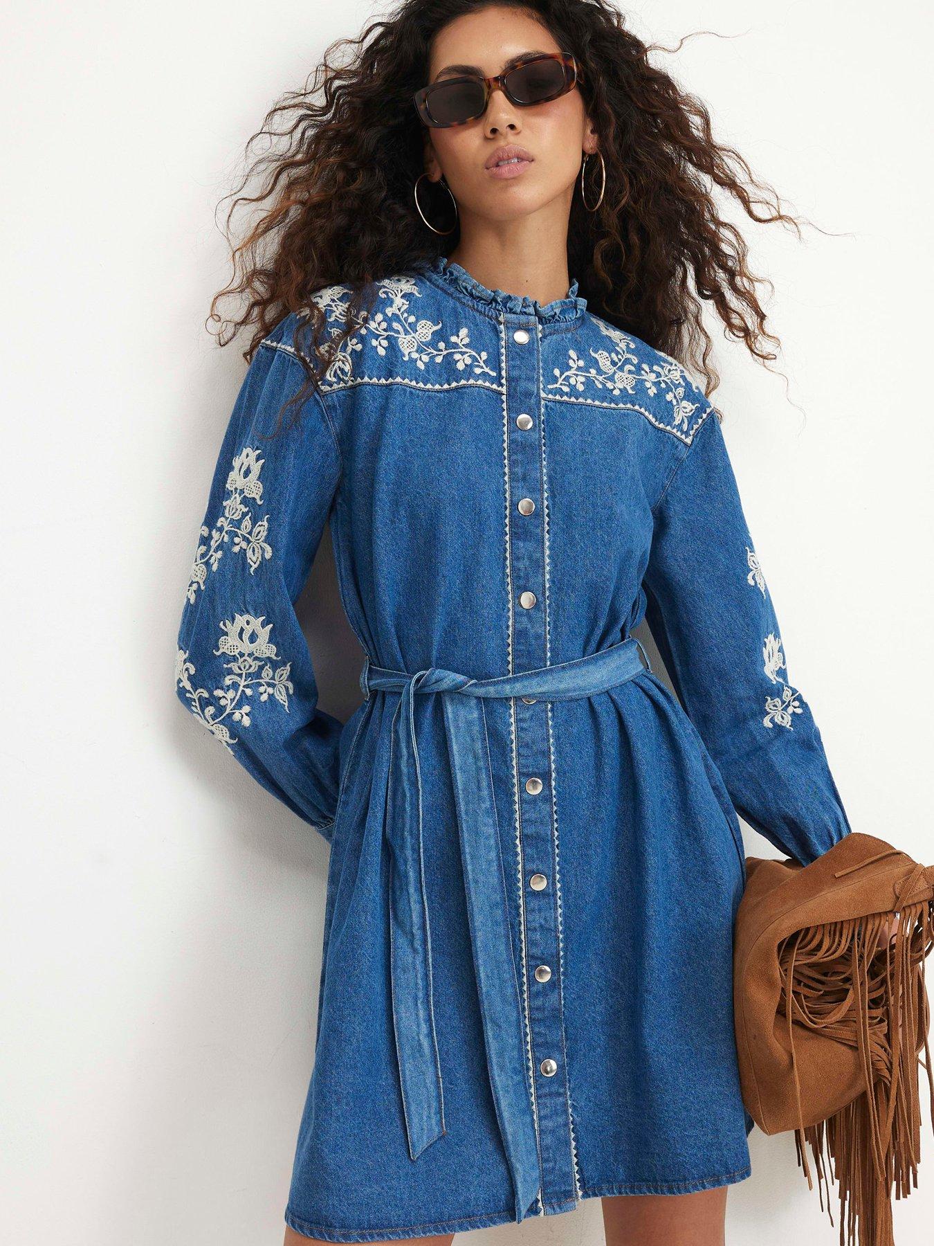River Island Embroidered Denim Swing Belted Dress - Blue