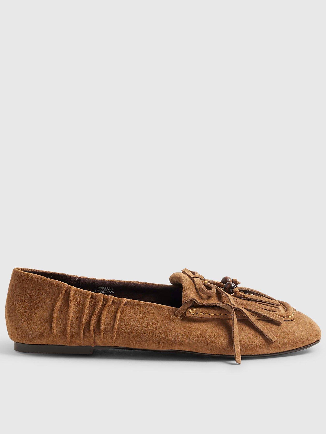 River Island Faux Suede Beaded Fringe Loafers - Beige