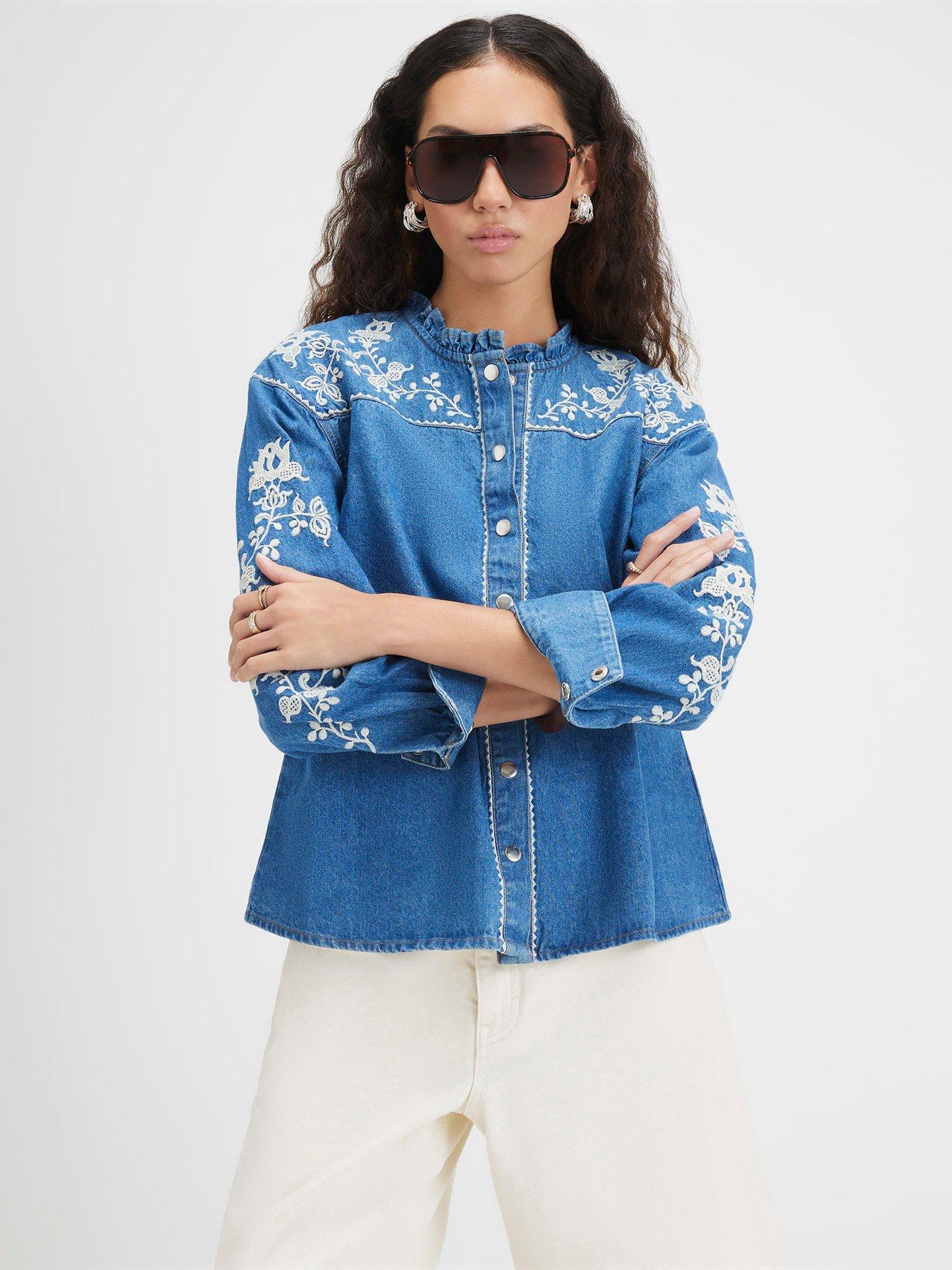 River Island Denim Long Sleeve Embroidered Blouse - Blue