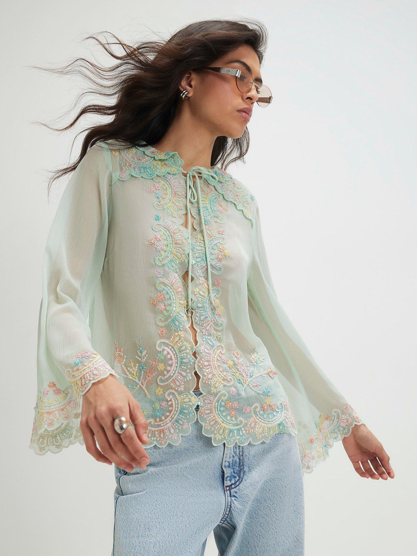River Island Soft Embroidered Tie Blouse - Green