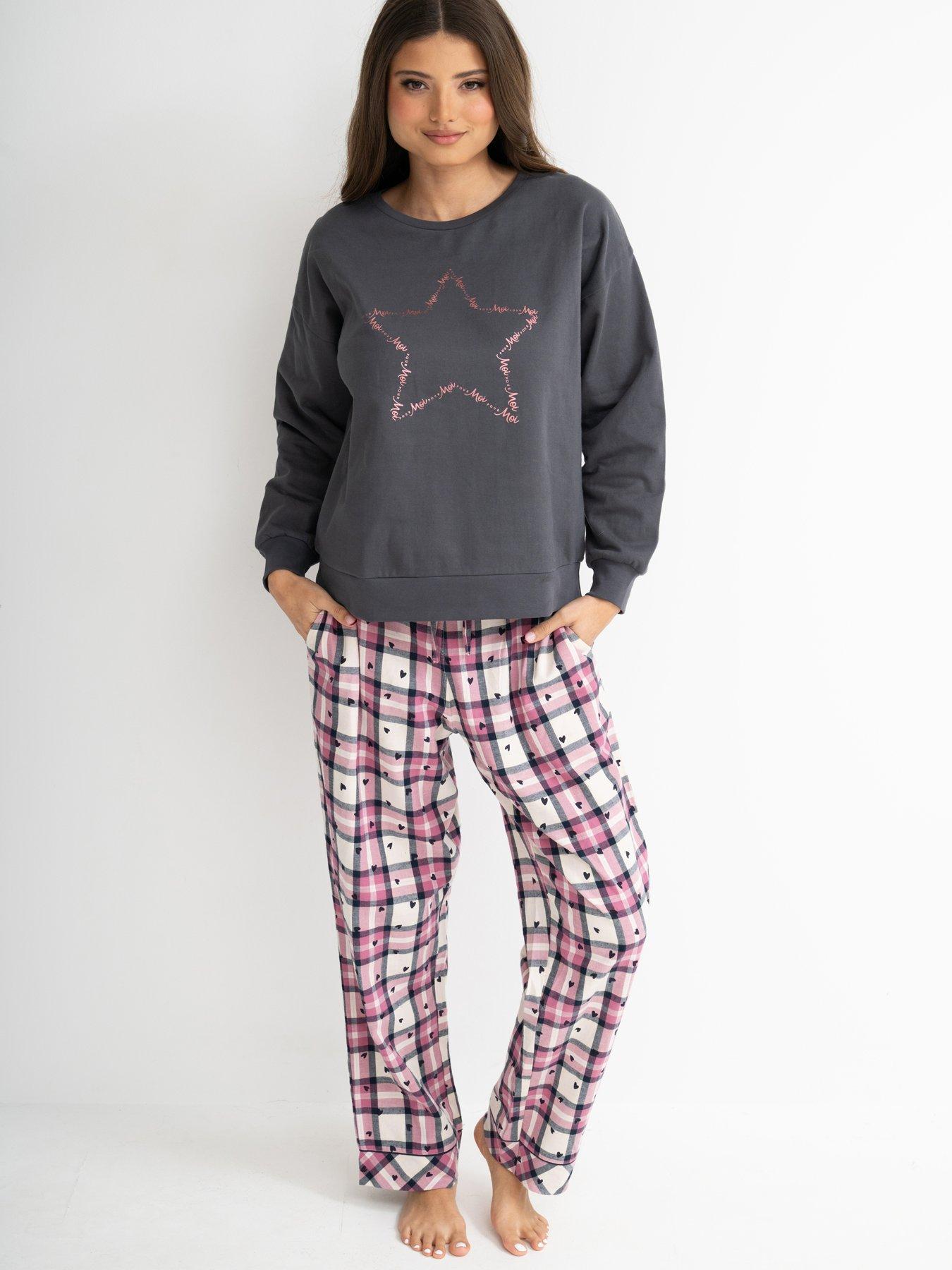 Image 1 of 4 of Pour Moi Logo Sweatshirt Cosy Check Pyjama Set