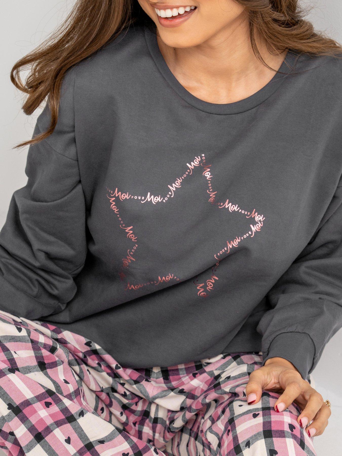 Image 3 of 4 of Pour Moi Logo Sweatshirt Cosy Check Pyjama Set