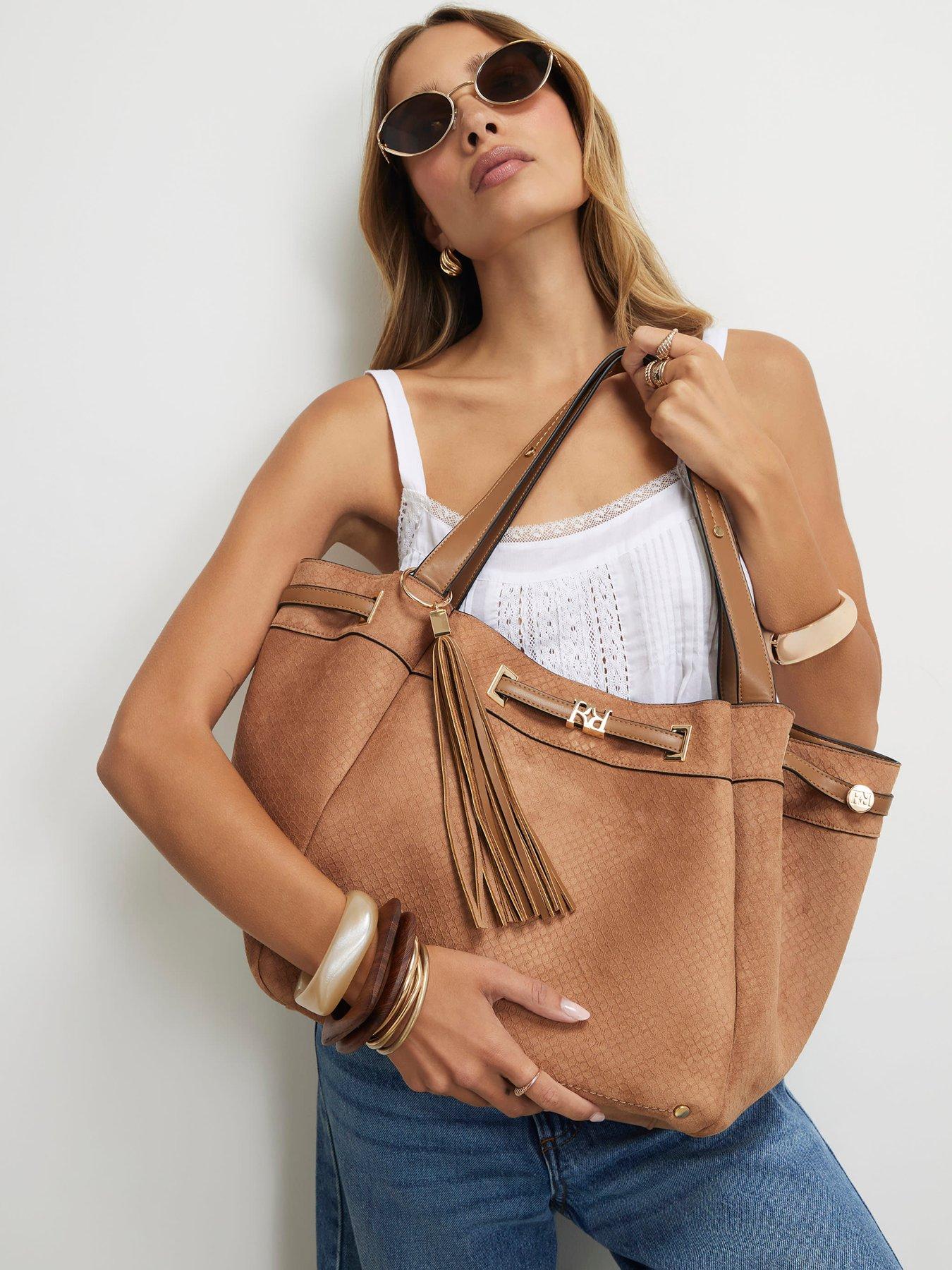 Image 2 of 5 of River Island Faux Suede Monogram Winged Shopper Bag