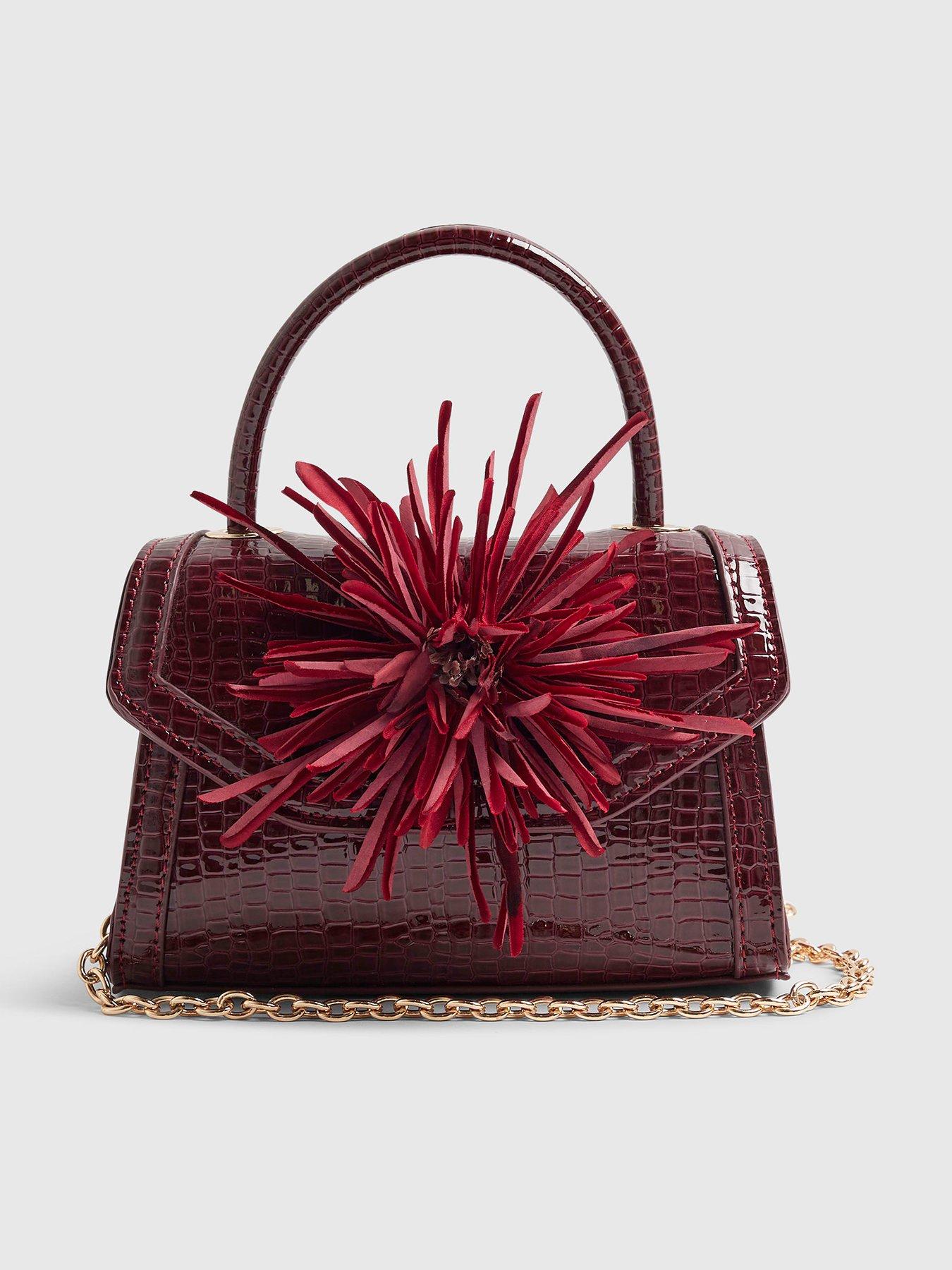 Image 1 of 5 of River Island Red Croc Print Flower Clutch Bag