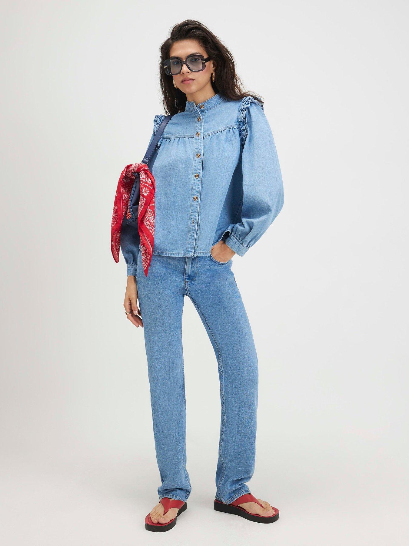 River Island Denim Long Sleeve Ruffle Shirt