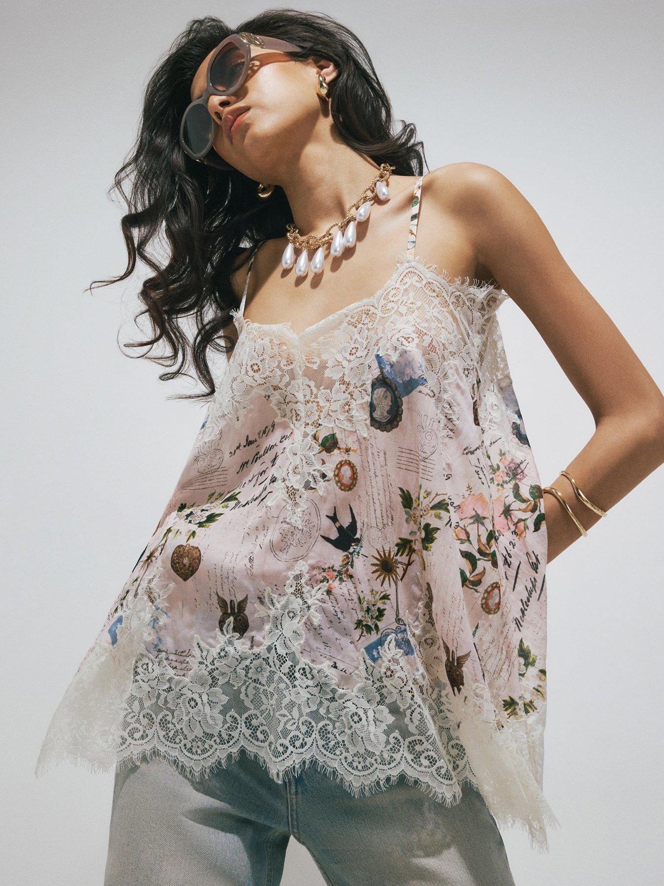 River Island Script Print Lace Cami Top