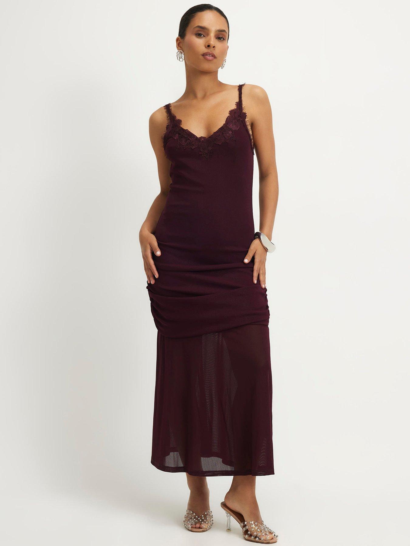 River Island Petite Red Lace Trim Drape Midi Dress