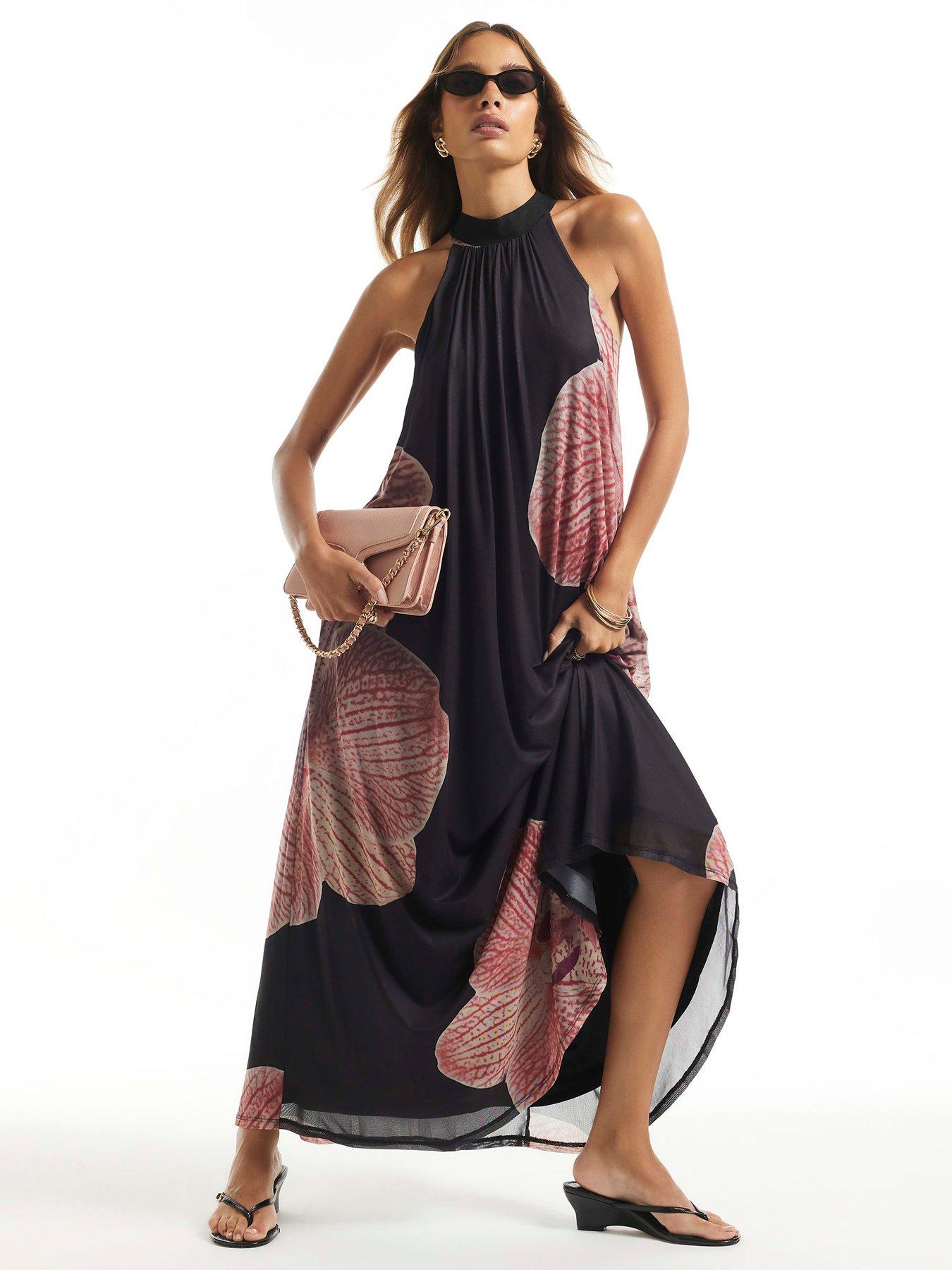Image 1 of 4 of River Island Halter Neck Floral Print Maxi Dress