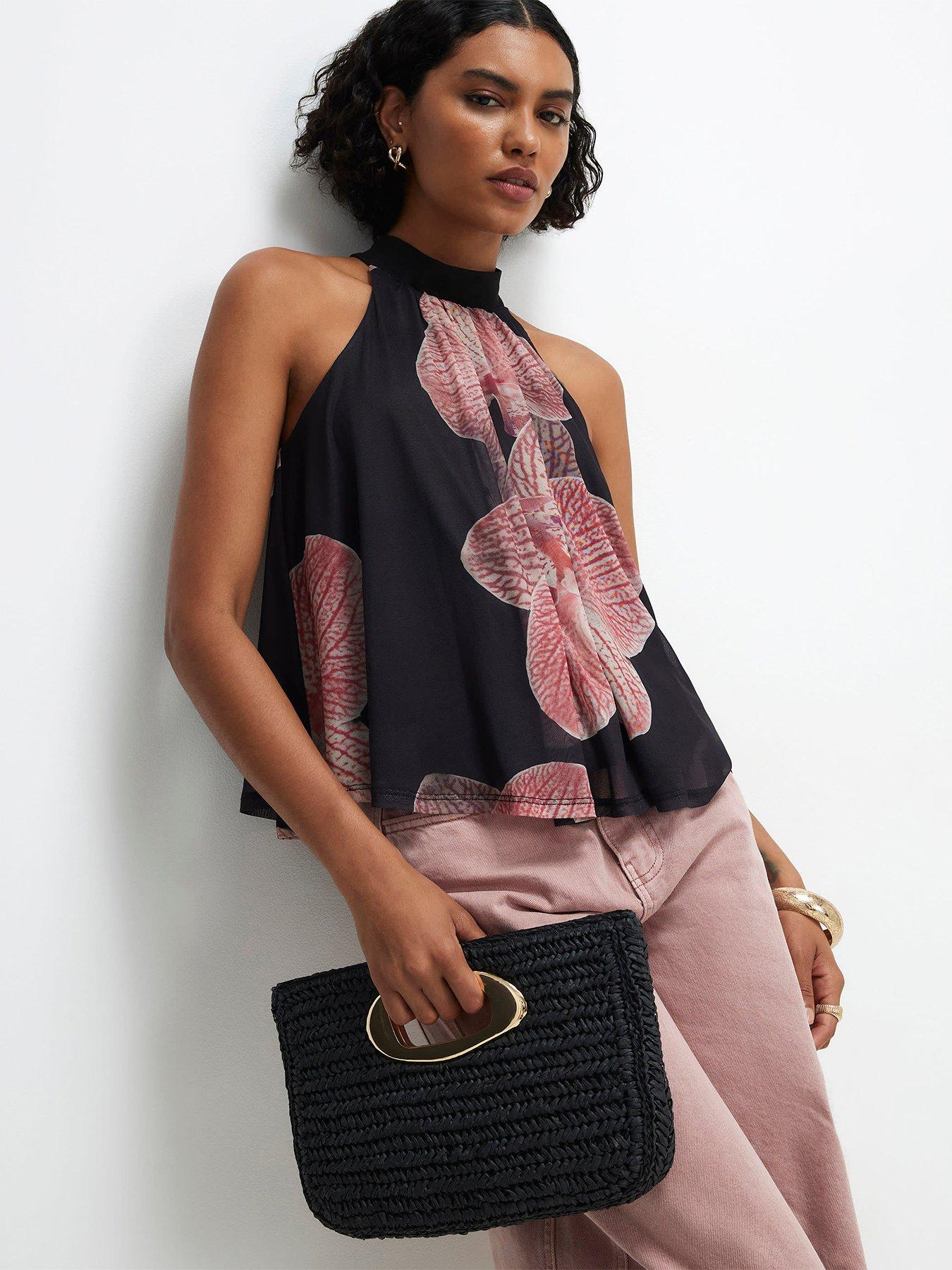 Image 1 of 4 of River Island Halter Neck Floral Print Mesh Top