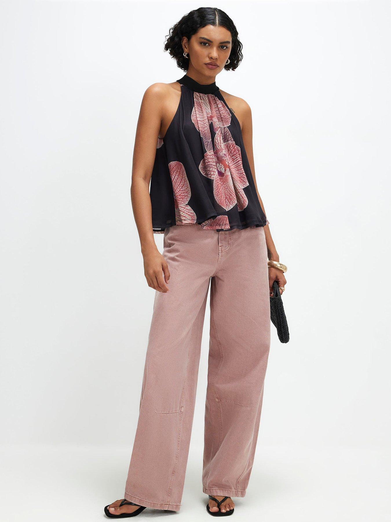 Image 3 of 4 of River Island Halter Neck Floral Print Mesh Top