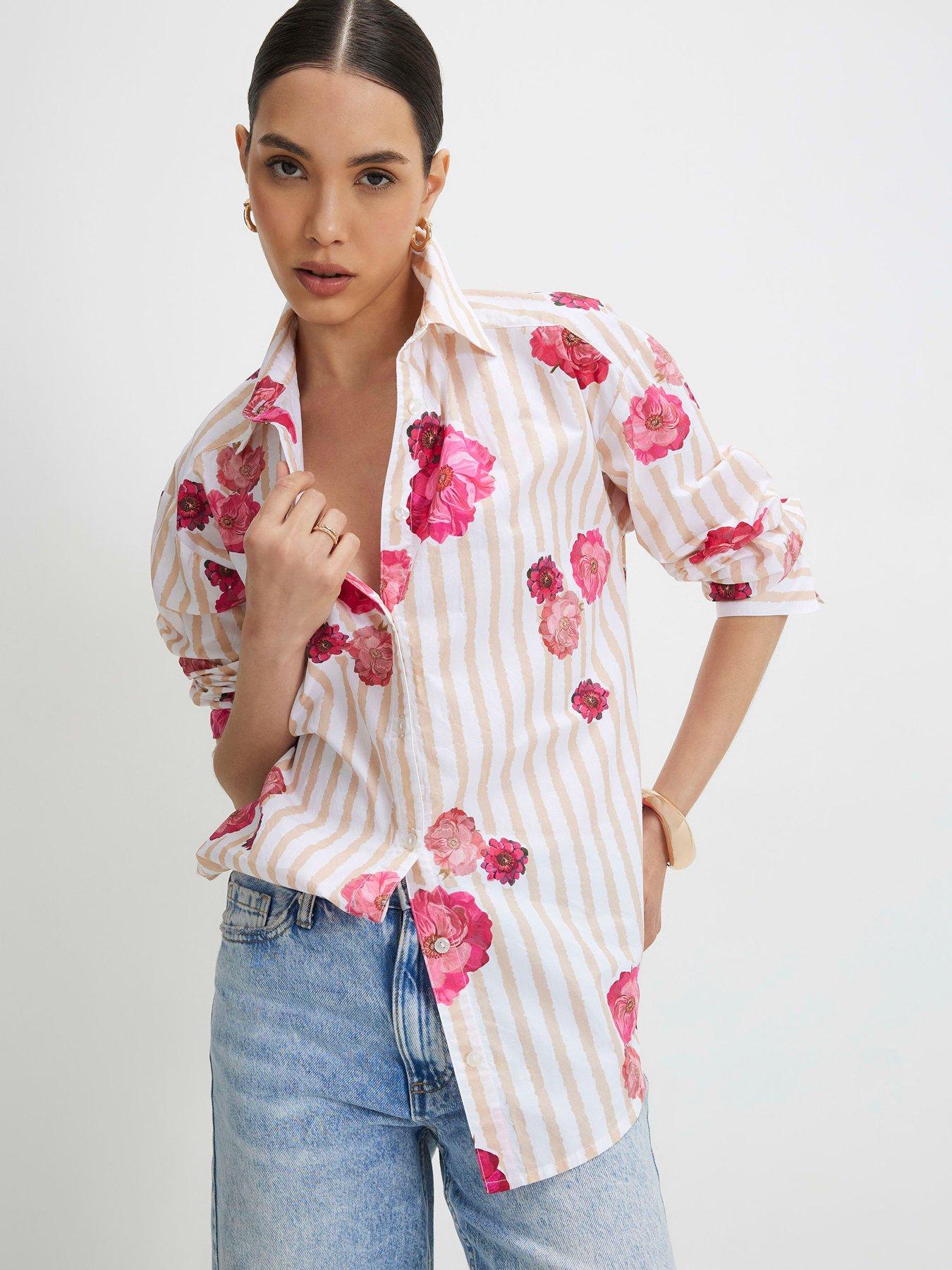 River Island Beige Cotton Floral Striped Long Sleeve Shirt