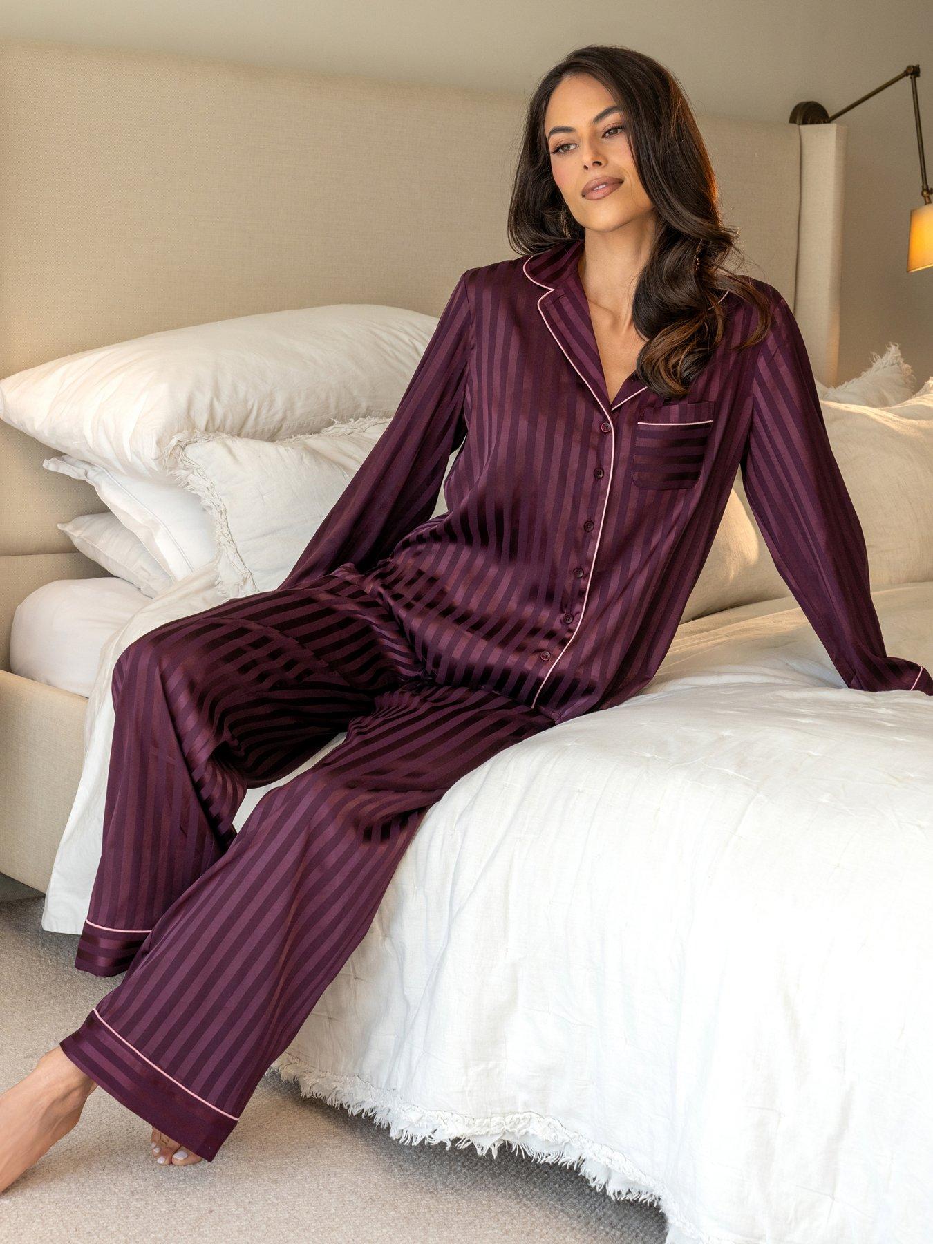 Image 1 of 4 of Pour Moi Satin Shadow Stripe Revere Collar Pyjama Set