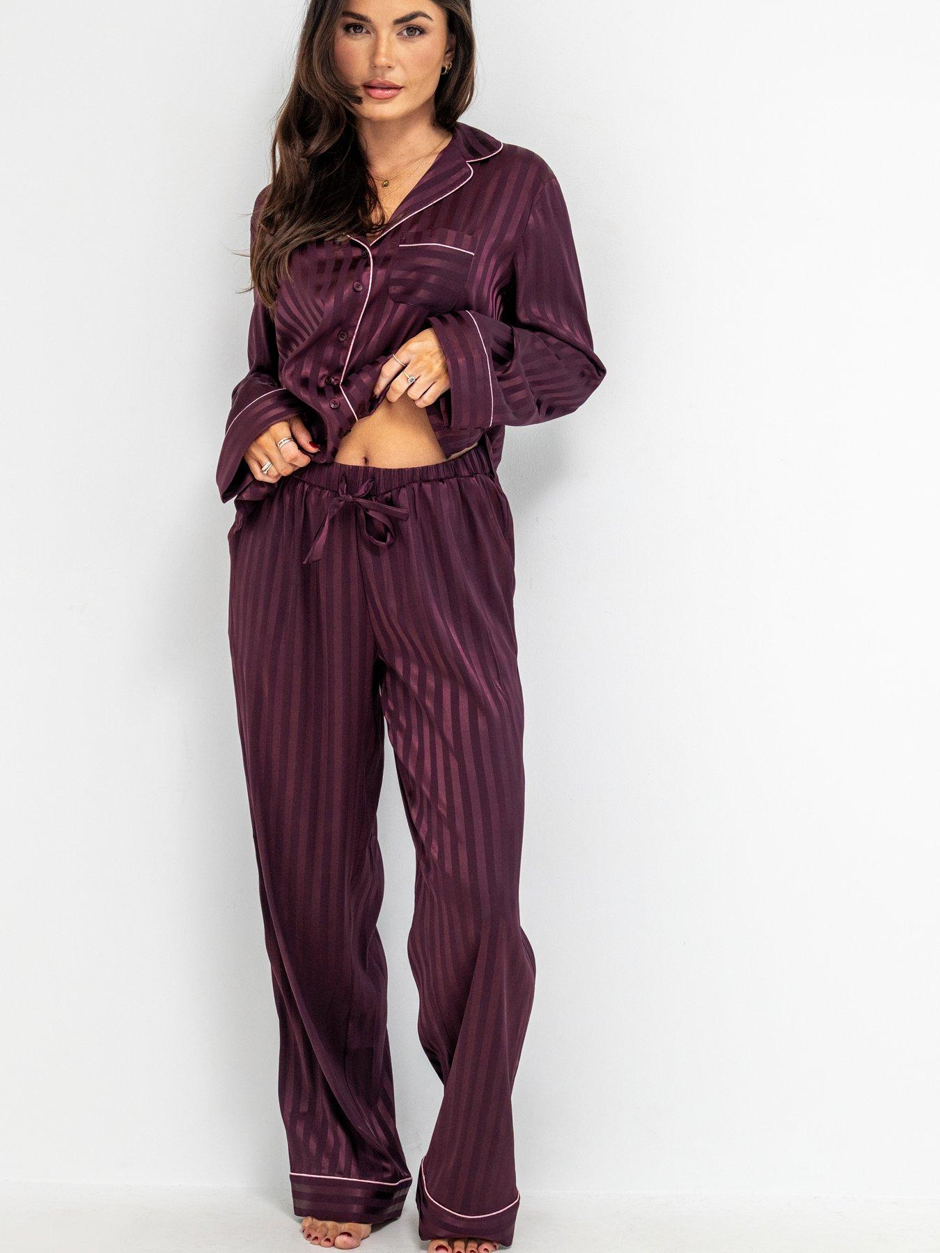 Image 2 of 4 of Pour Moi Satin Shadow Stripe Revere Collar Pyjama Set