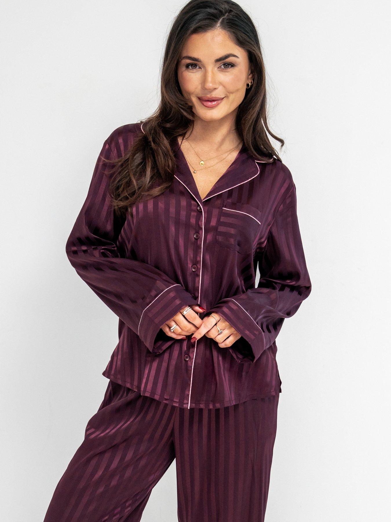 Image 3 of 4 of Pour Moi Satin Shadow Stripe Revere Collar Pyjama Set