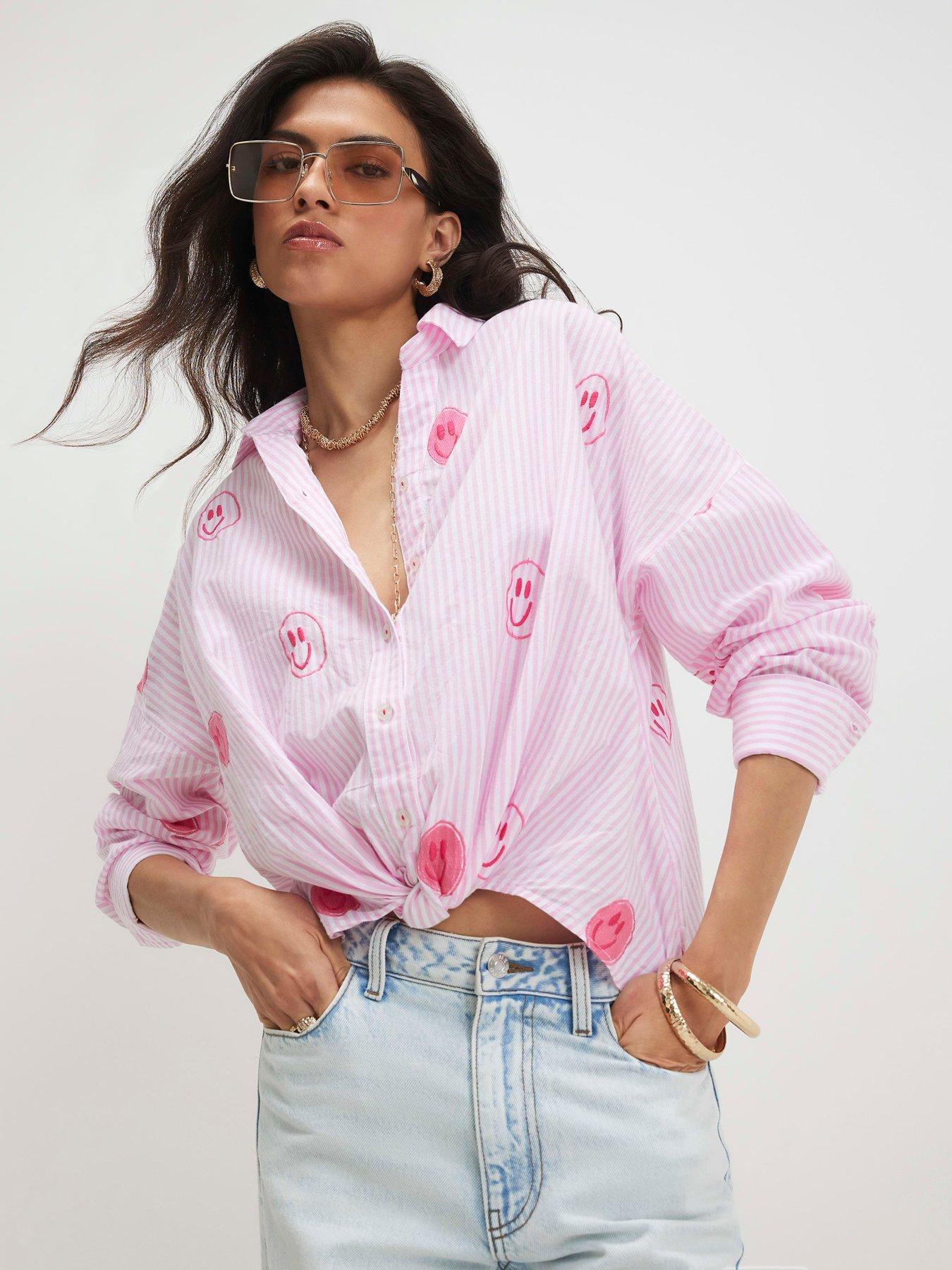 River Island Cotton Stripe Smiley Embroidered Shirt