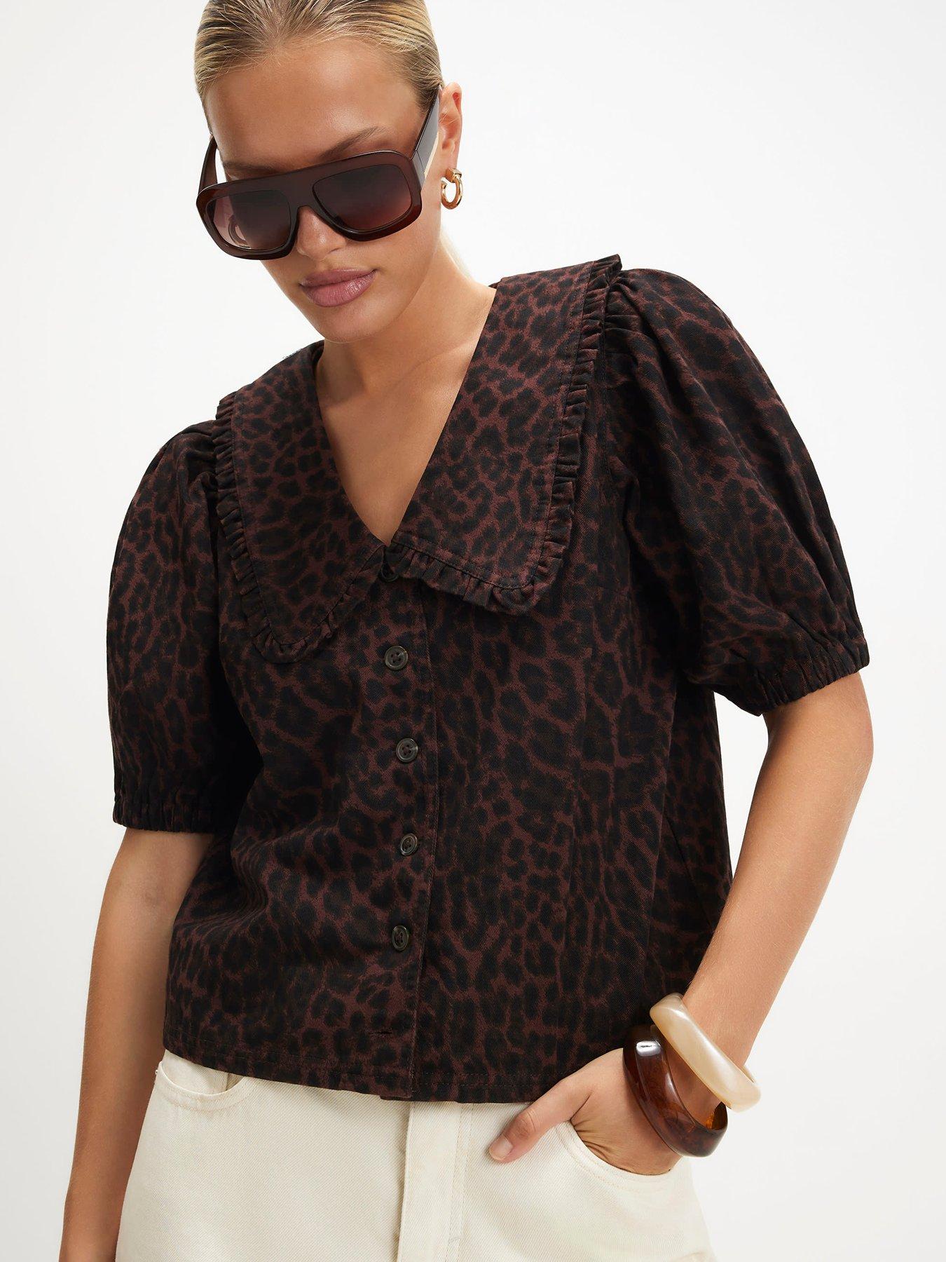 Image 1 of 4 of River Island Collared Leopard Print Denim Shirt
