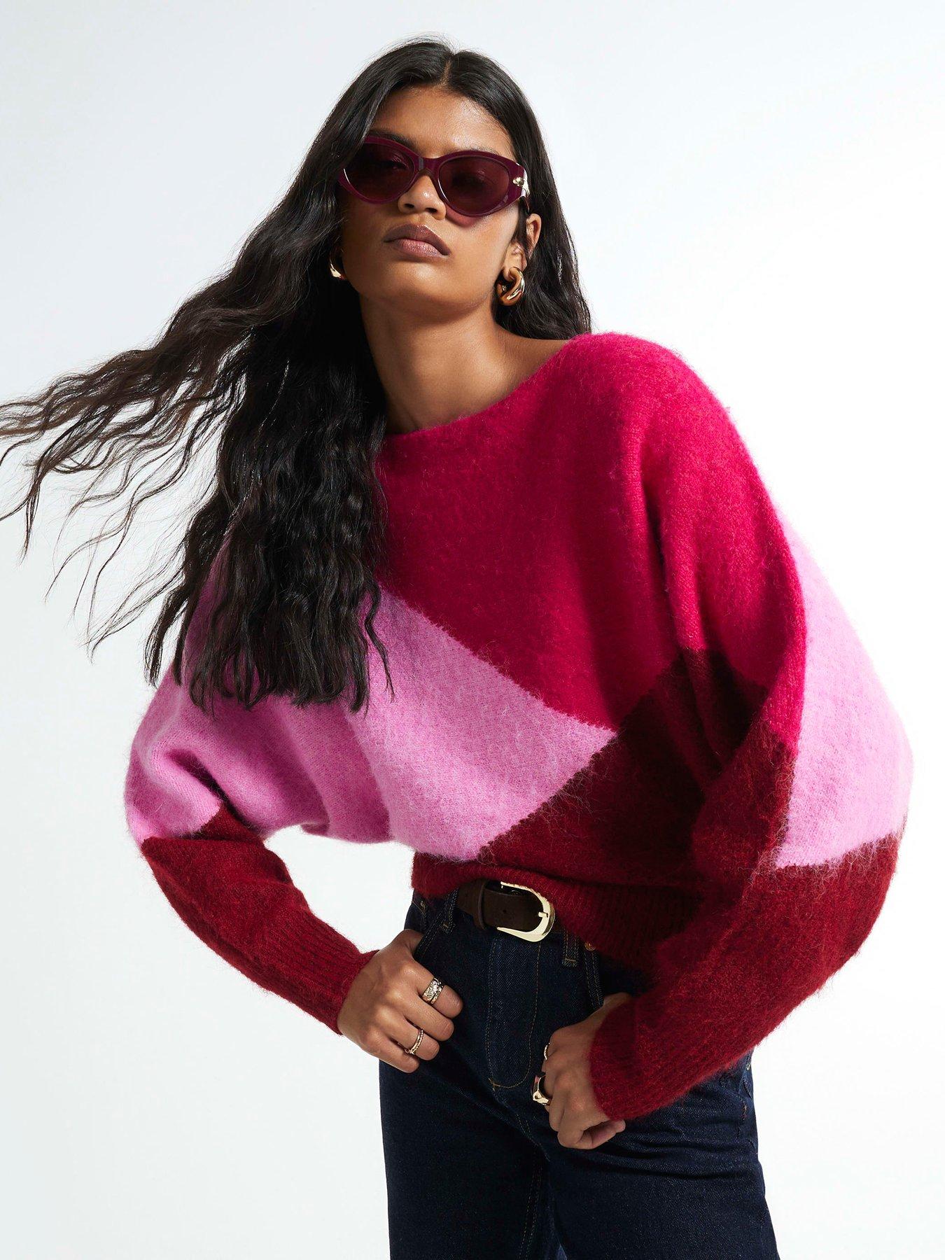 Image 1 of 4 of River Island Colour Blocked Batwing Knit Jumper - Red