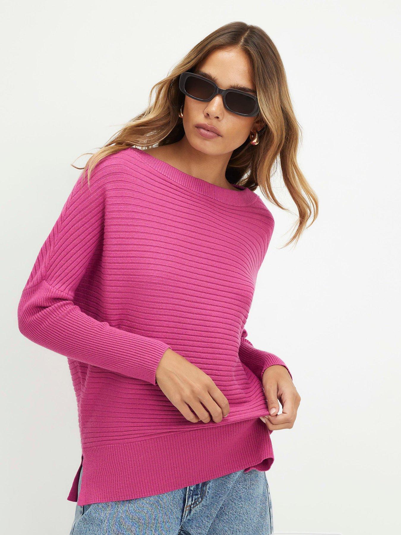 Image 1 of 4 of River Island Wide Neck Rib Knit Jumper - Pink