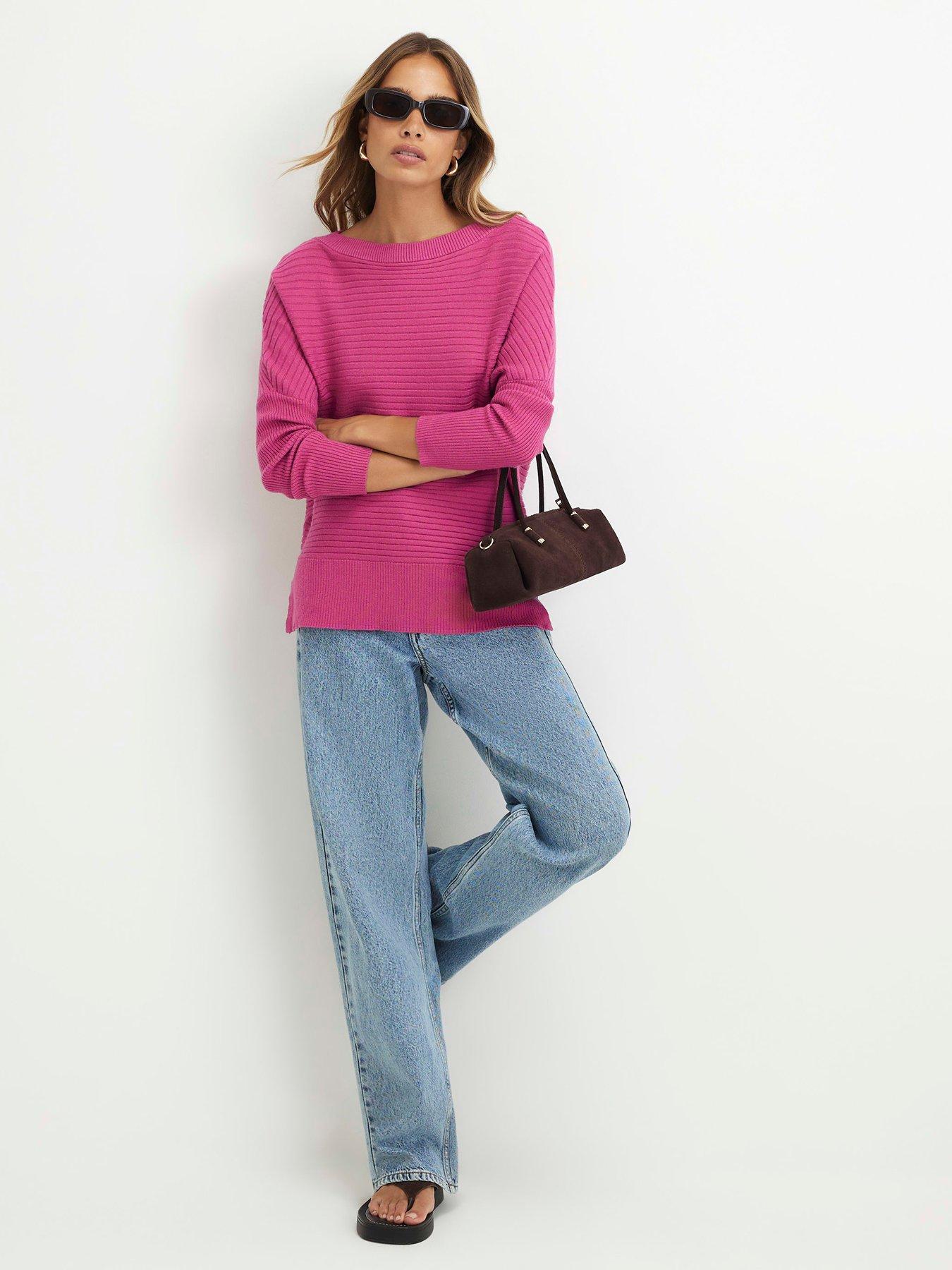 Image 3 of 4 of River Island Wide Neck Rib Knit Jumper - Pink