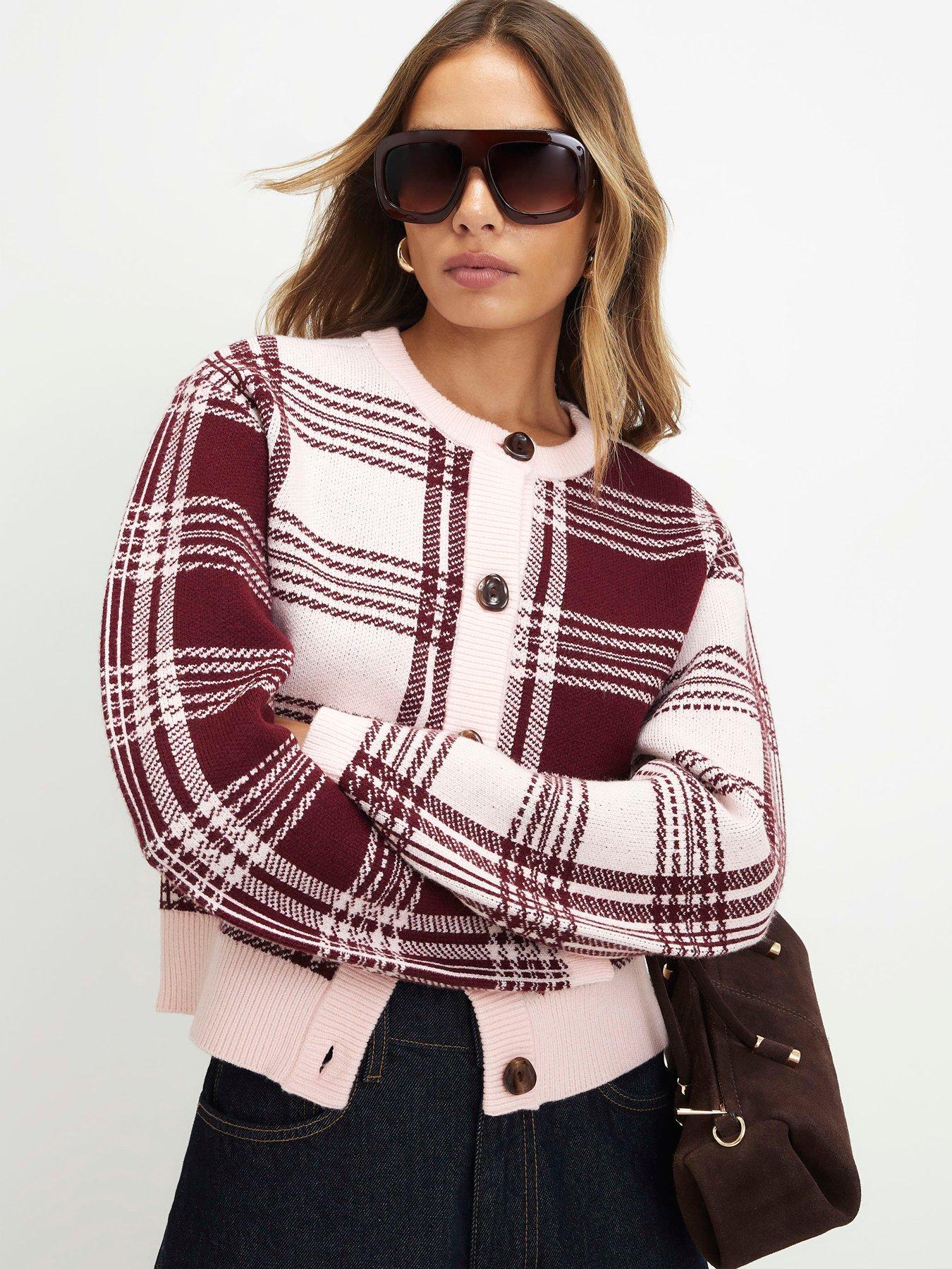Image 1 of 4 of River Island Banana Sleeve Knit Check Cardigan - Pink