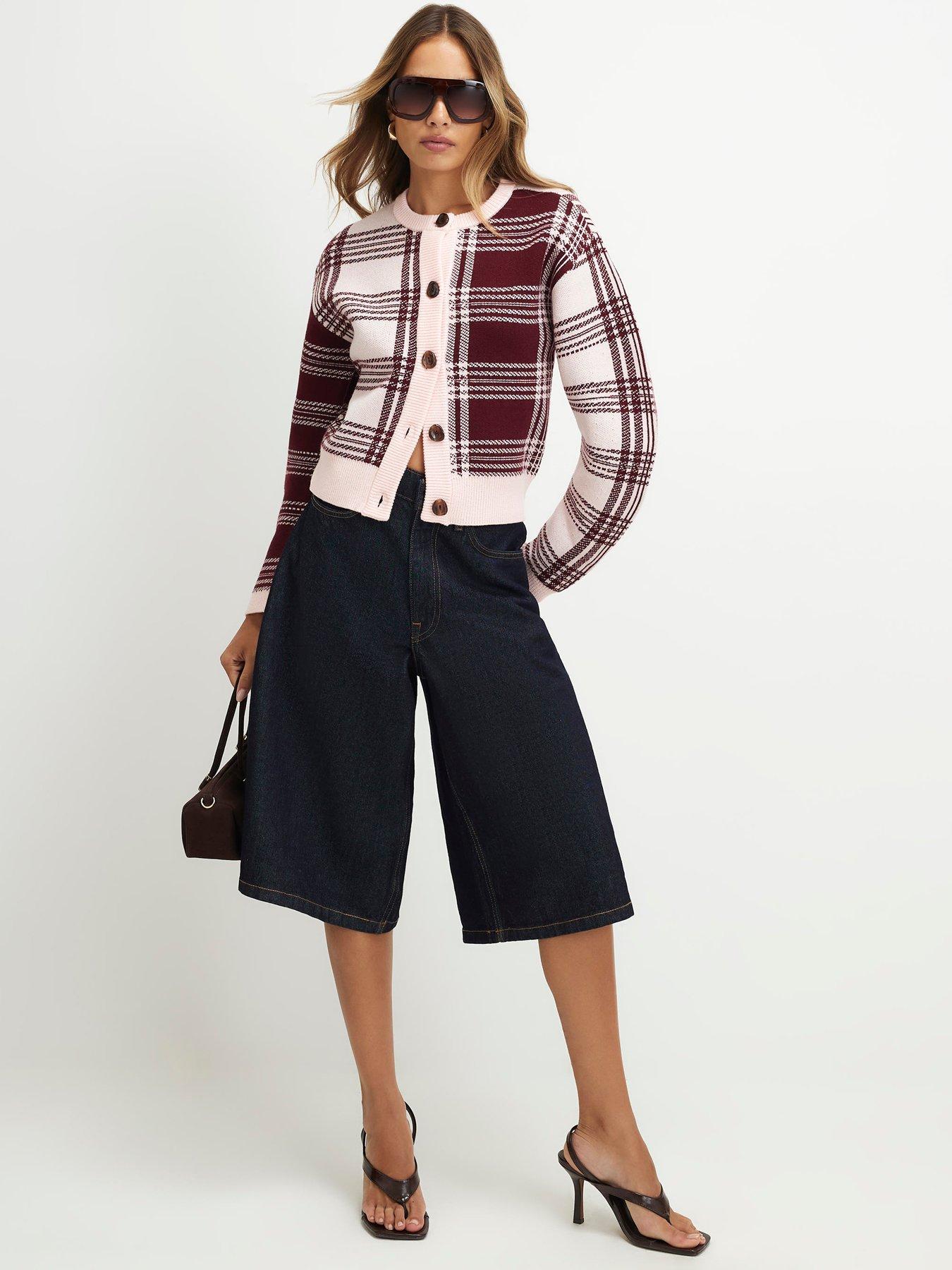 Image 3 of 4 of River Island Banana Sleeve Knit Check Cardigan - Pink