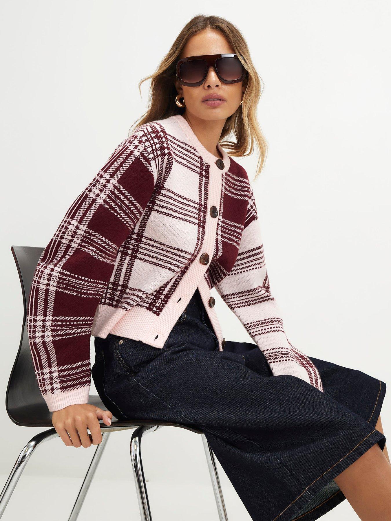Image 4 of 4 of River Island Banana Sleeve Knit Check Cardigan - Pink