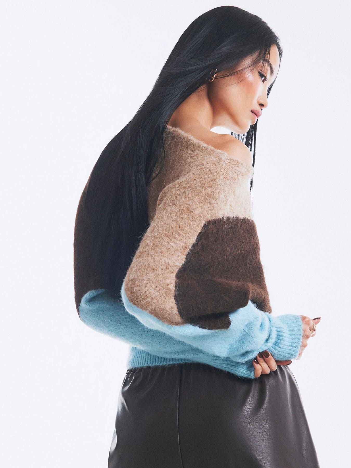 Image 2 of 3 of River Island Colour Blocked Batwing Jumper - Brown