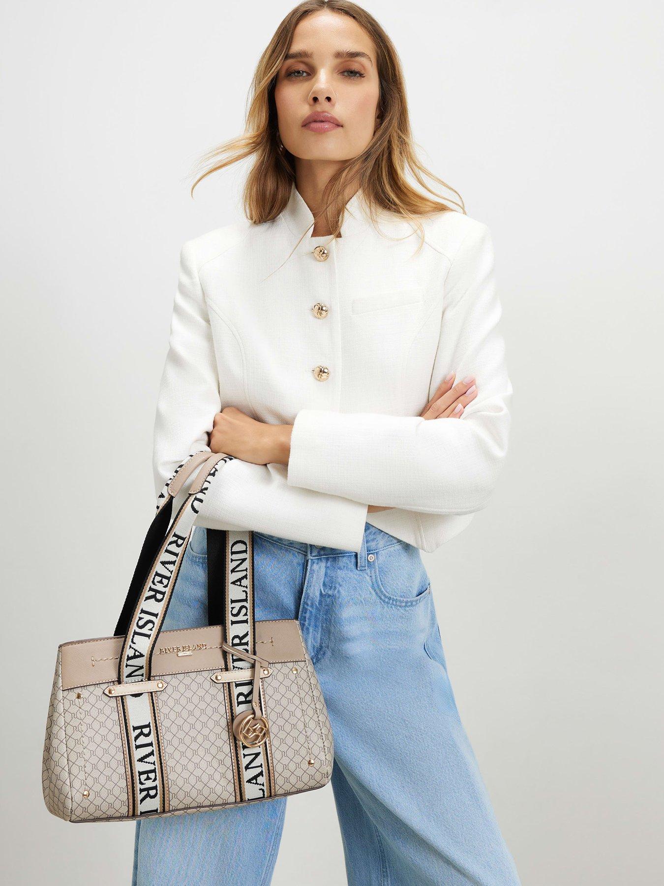 Image 1 of 4 of River Island Monogram Webbing Tote Bag - Beige