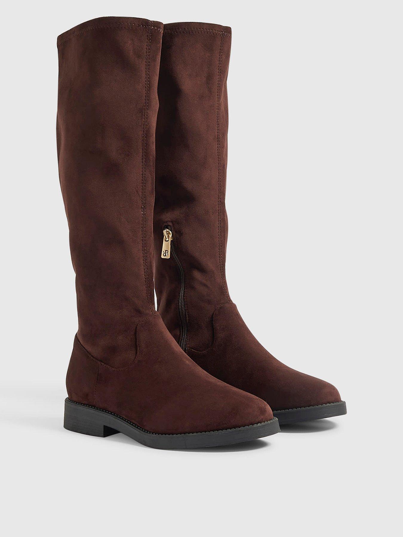 Image 2 of 4 of River Island Faux Suede Knee High Boots - Brown