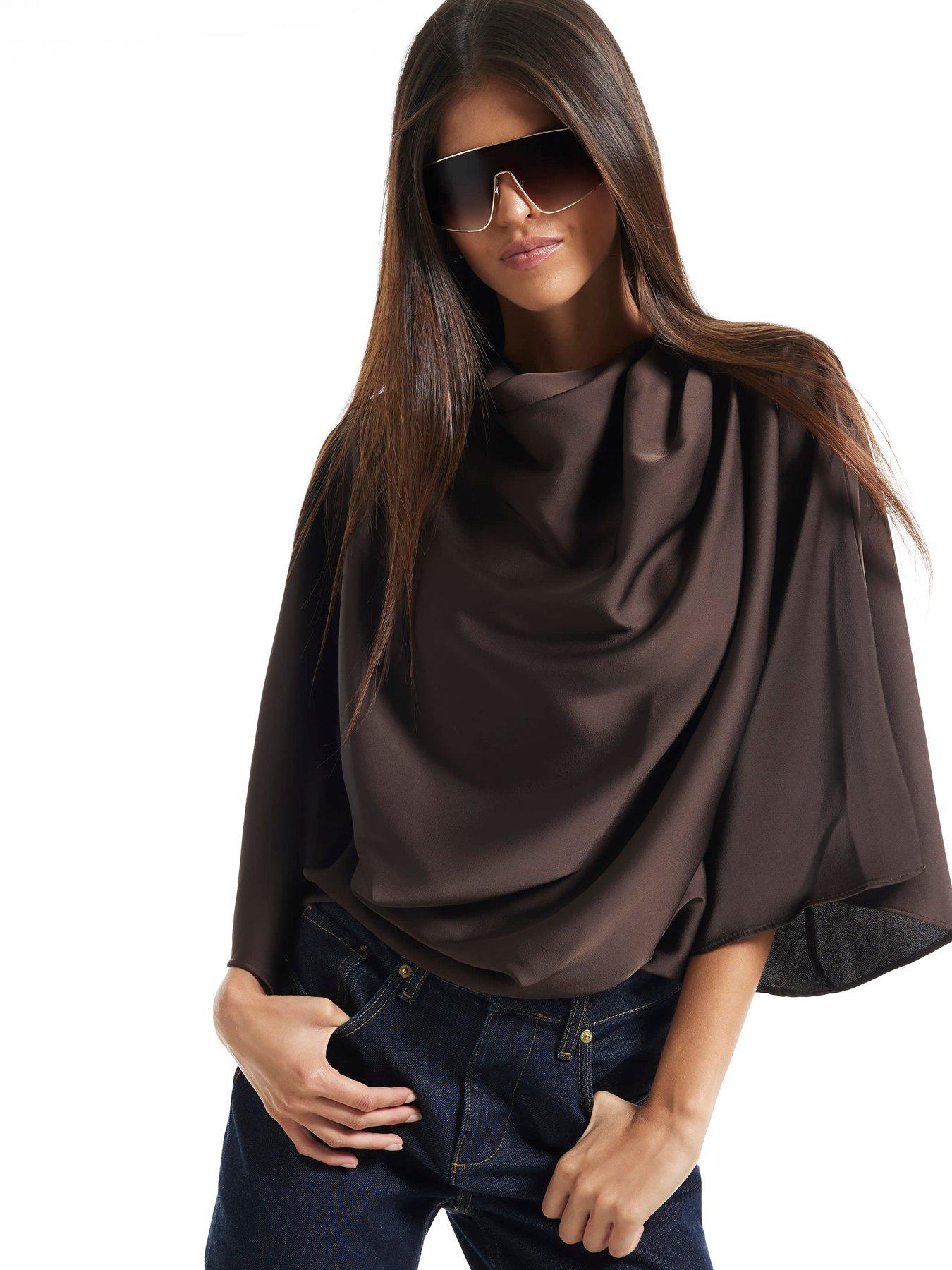 Image 1 of 3 of River Island Asymmetric Draped Top - Brown