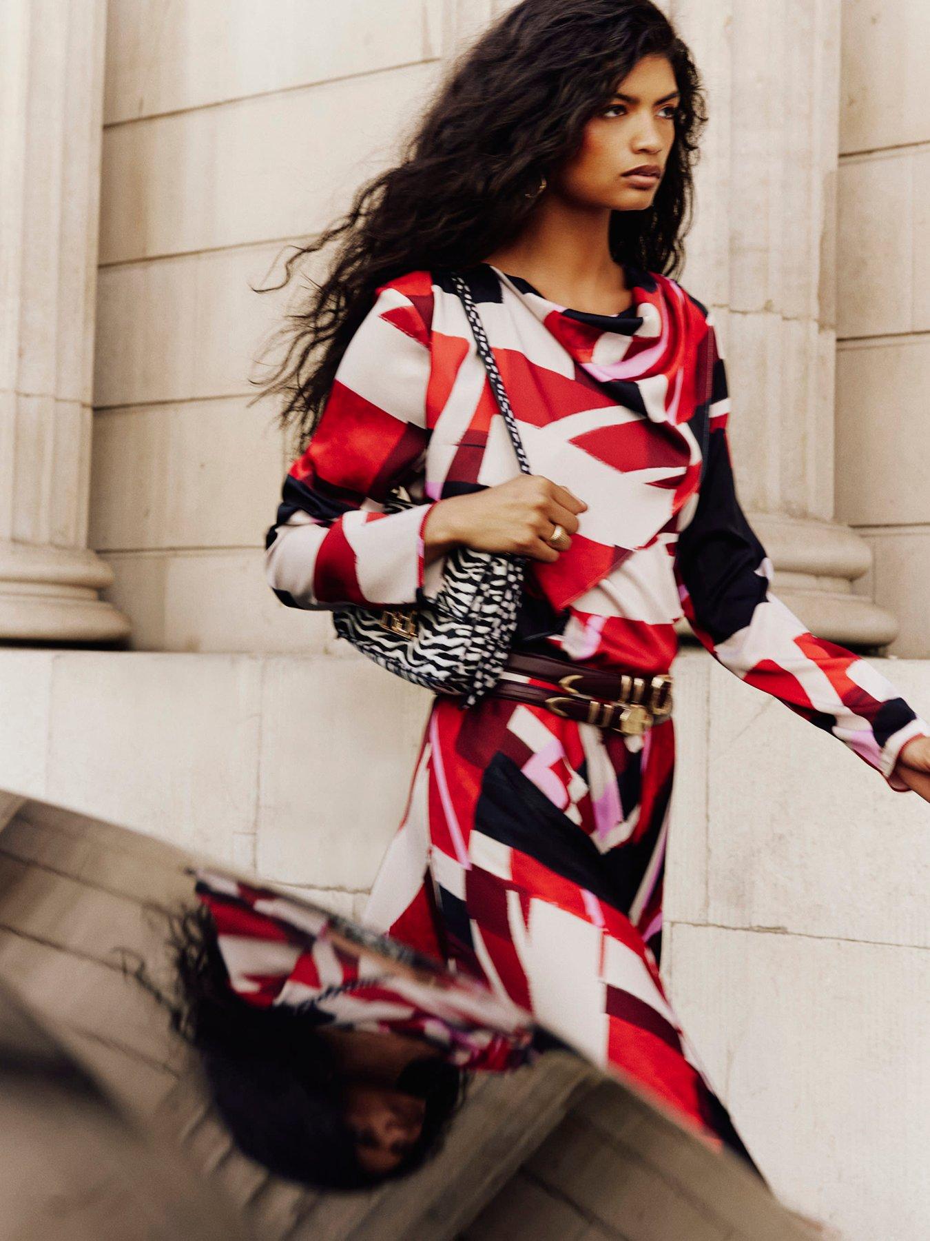 Image 3 of 4 of River Island Satin Colour Block Cowl Neck Top - Red