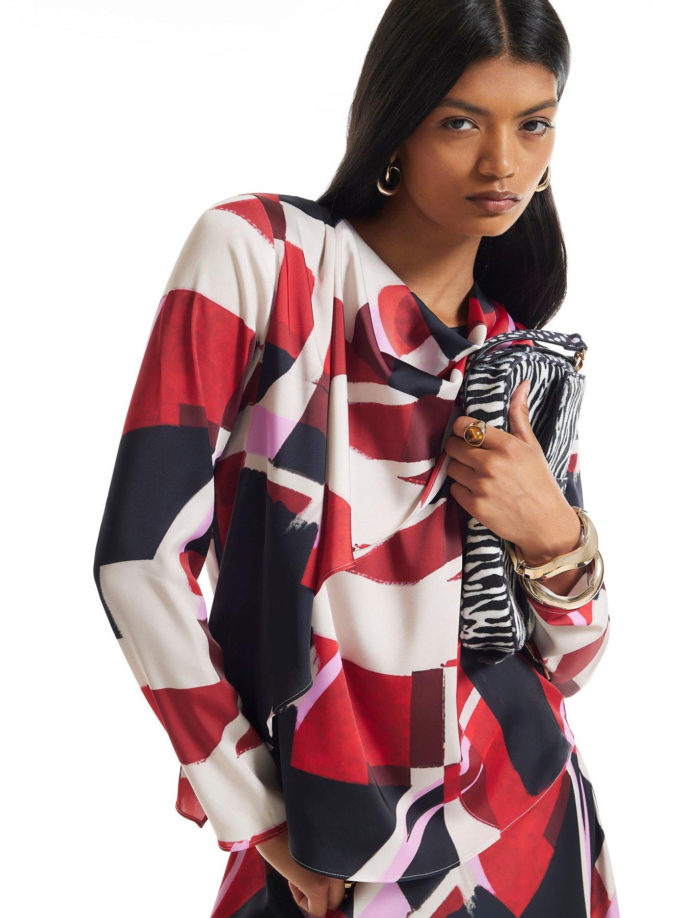 Image 4 of 4 of River Island Satin Colour Block Cowl Neck Top - Red