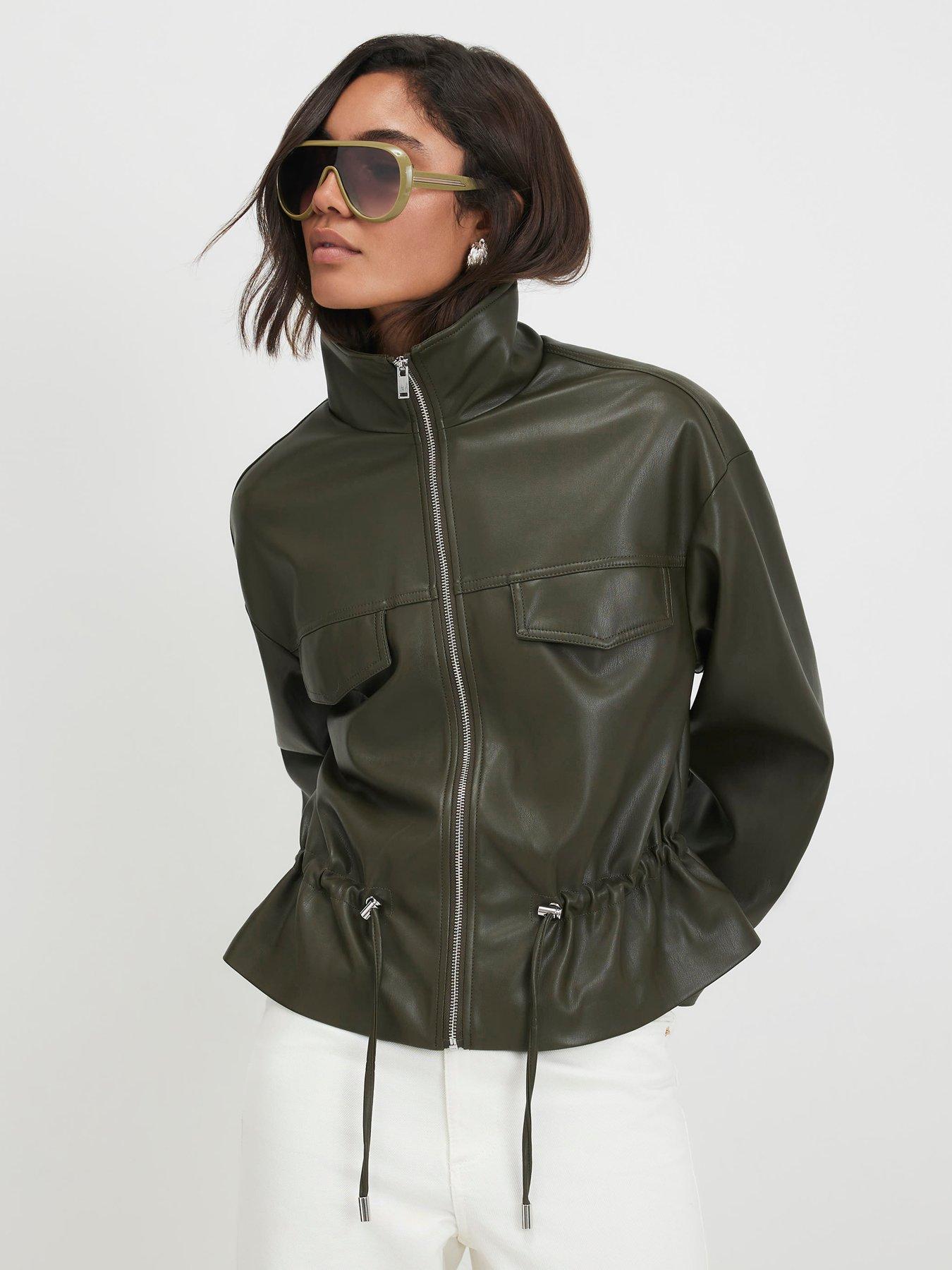 Image 1 of 3 of River Island Faux Leather Drawstring Funnel Jacket - Khaki
