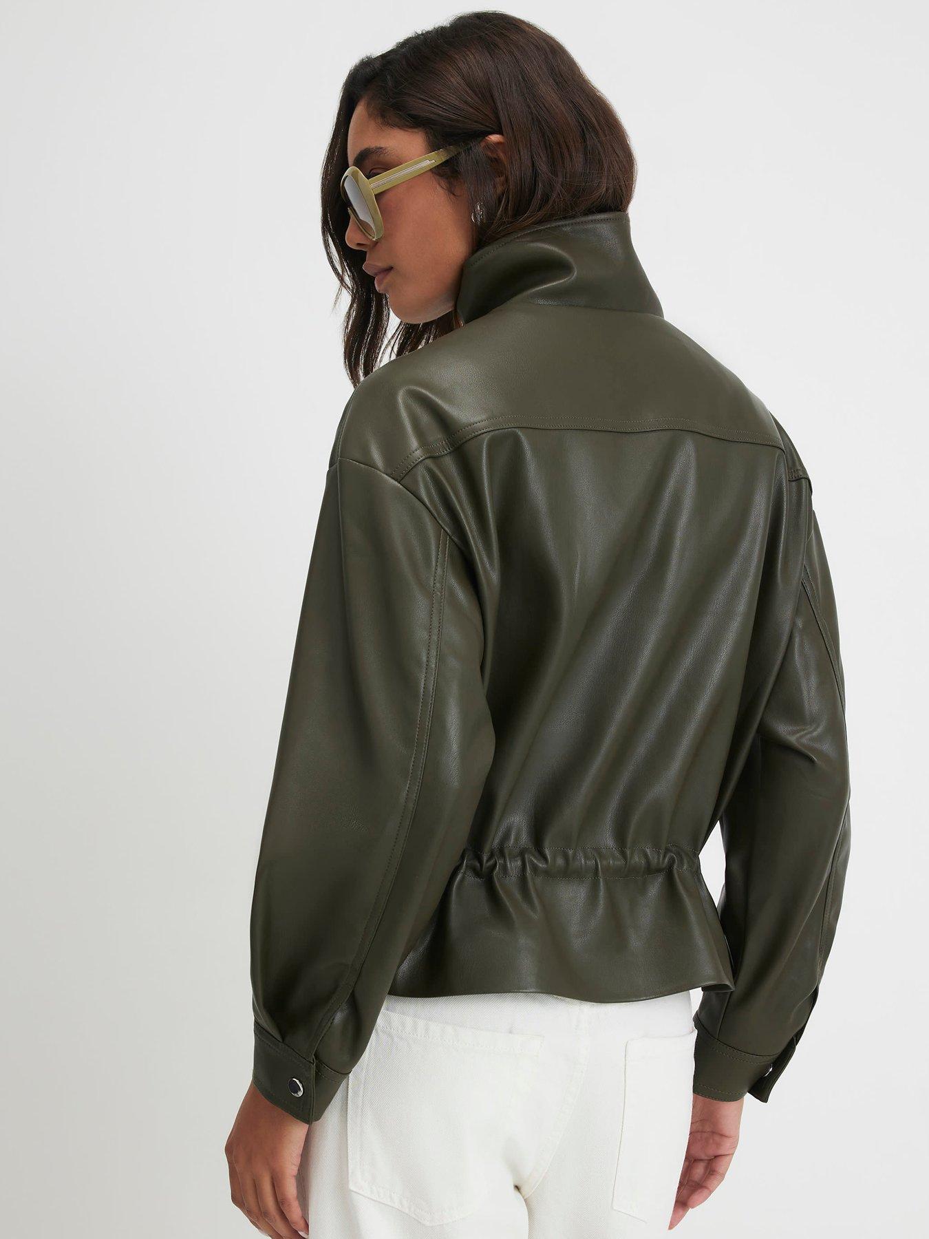 Image 2 of 3 of River Island Faux Leather Drawstring Funnel Jacket - Khaki
