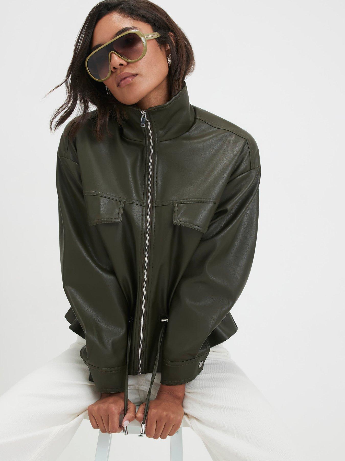 Image 3 of 3 of River Island Faux Leather Drawstring Funnel Jacket - Khaki