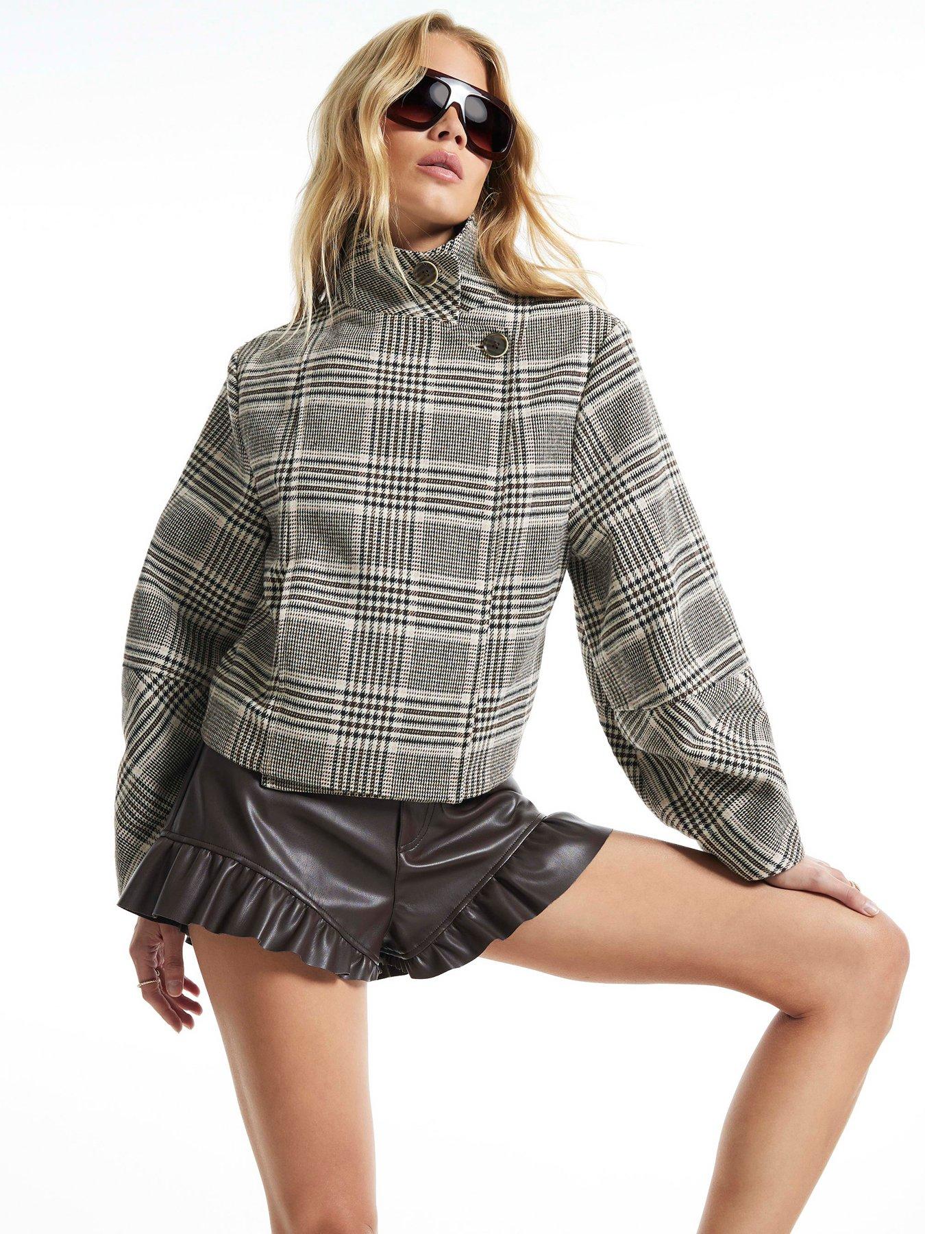 Image 1 of 4 of River Island Check Funnel Neck Cocoon Sleeve Jacket - Beige