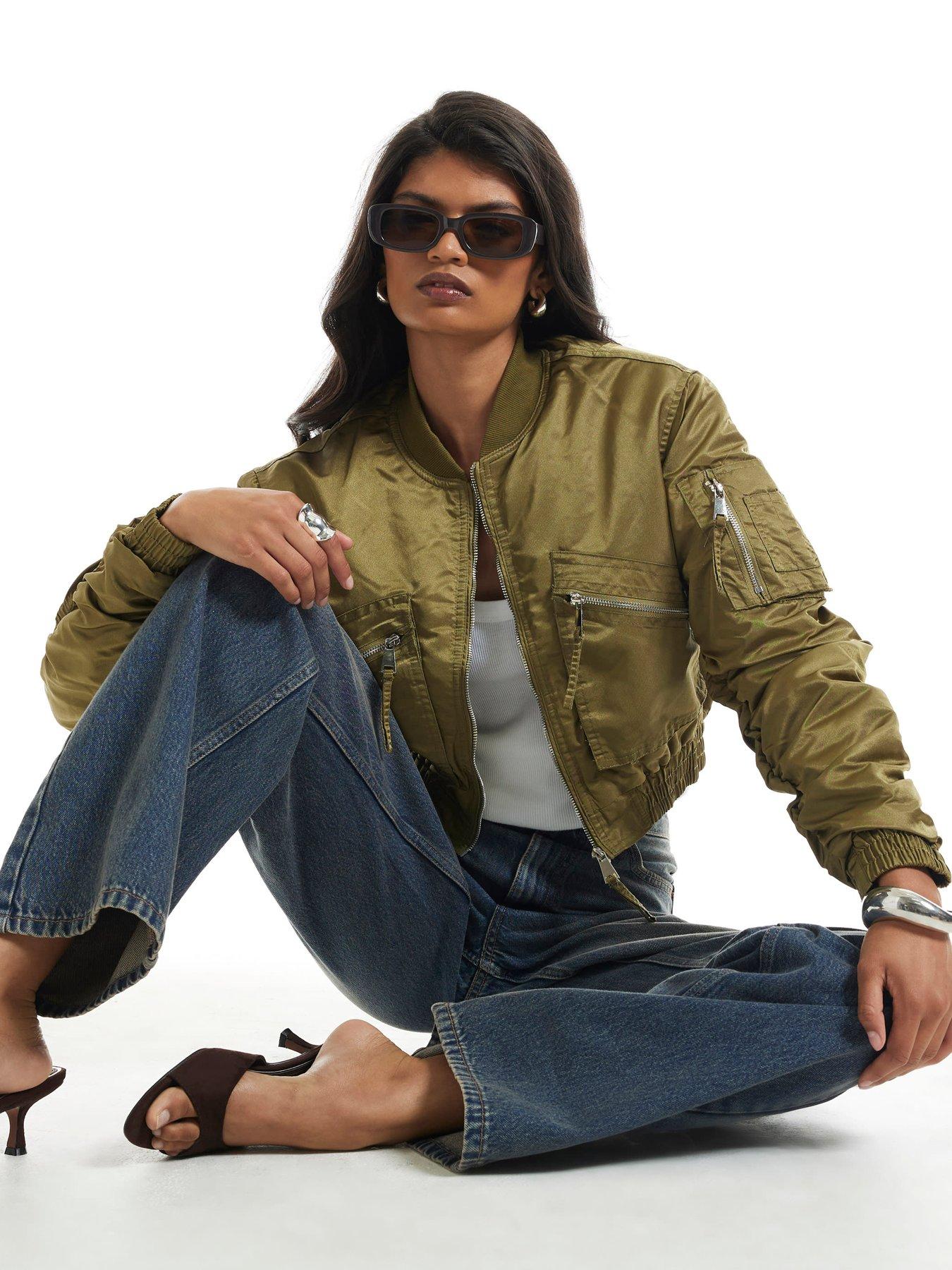 Image 1 of 3 of River Island Cropped Fitted Bomber Jacket - Green