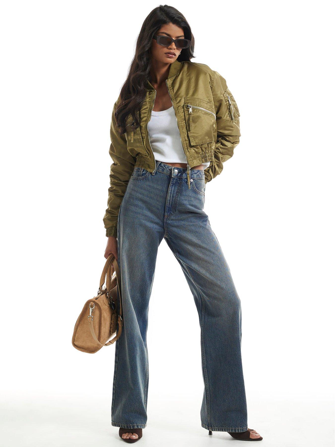 Image 3 of 3 of River Island Cropped Fitted Bomber Jacket - Green
