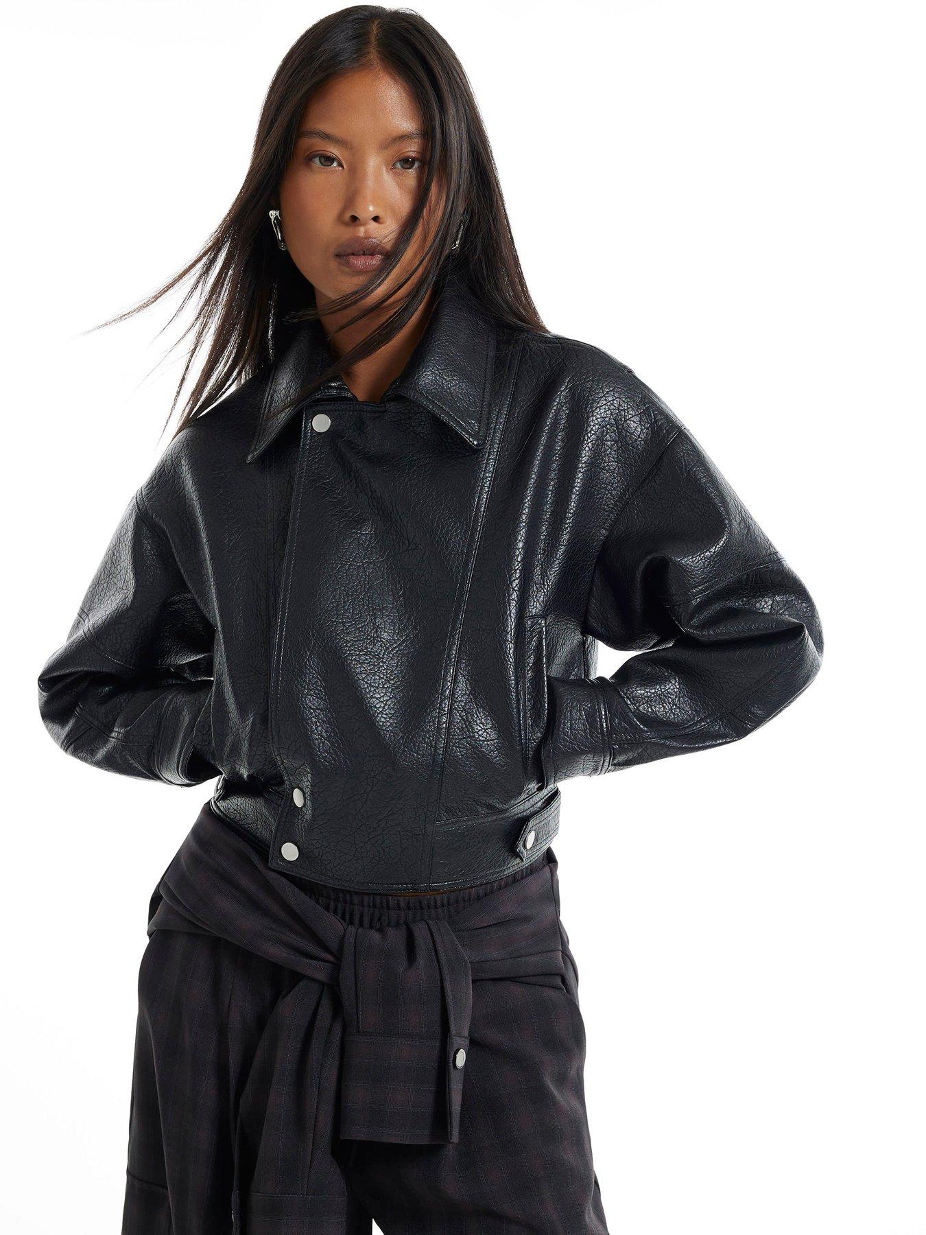 Image 1 of 1 of River Island Petite Faux Leather Zip Jacket - Black