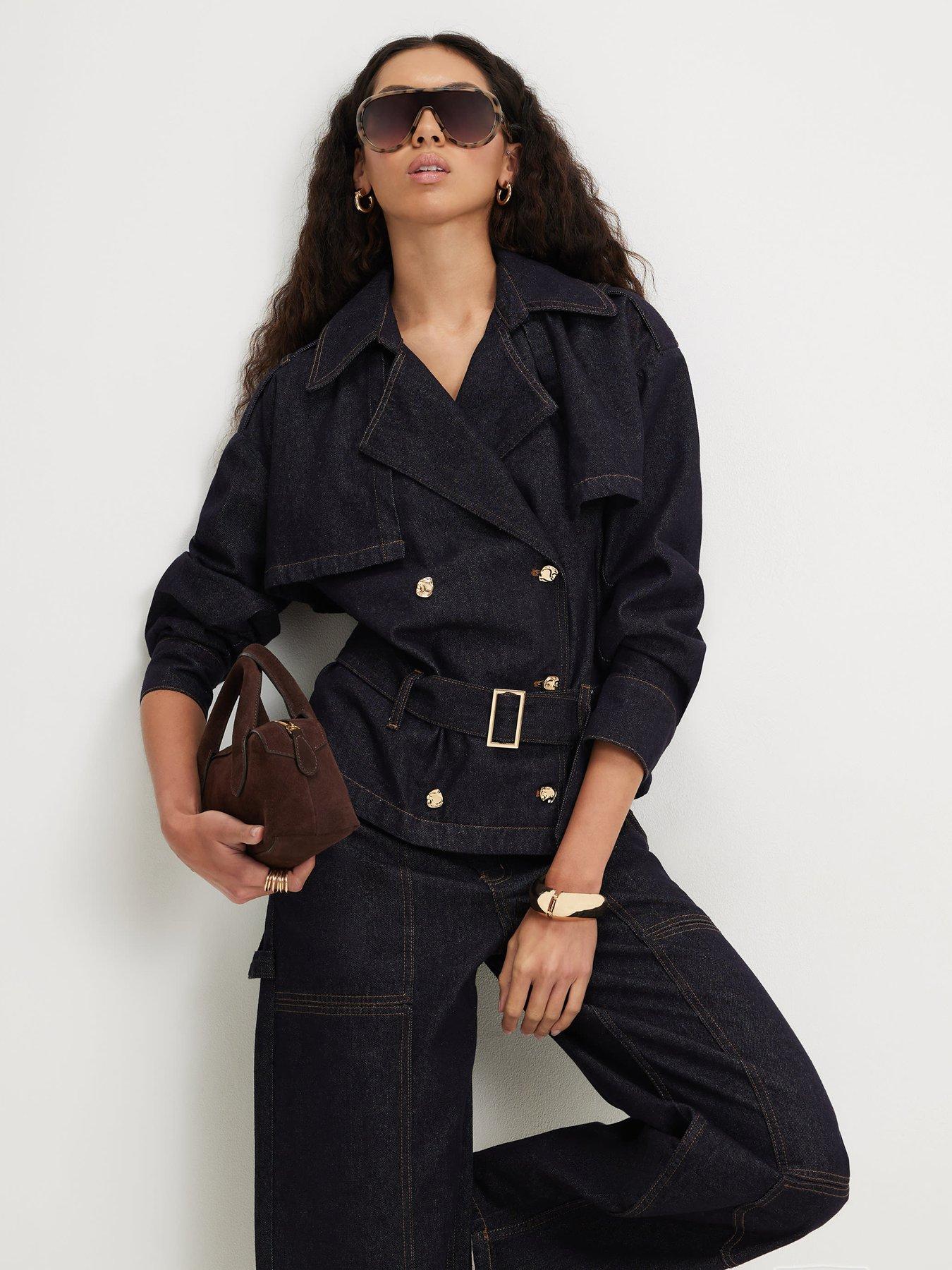Image 1 of 4 of River Island Denim Belted Trench Coat - Blue