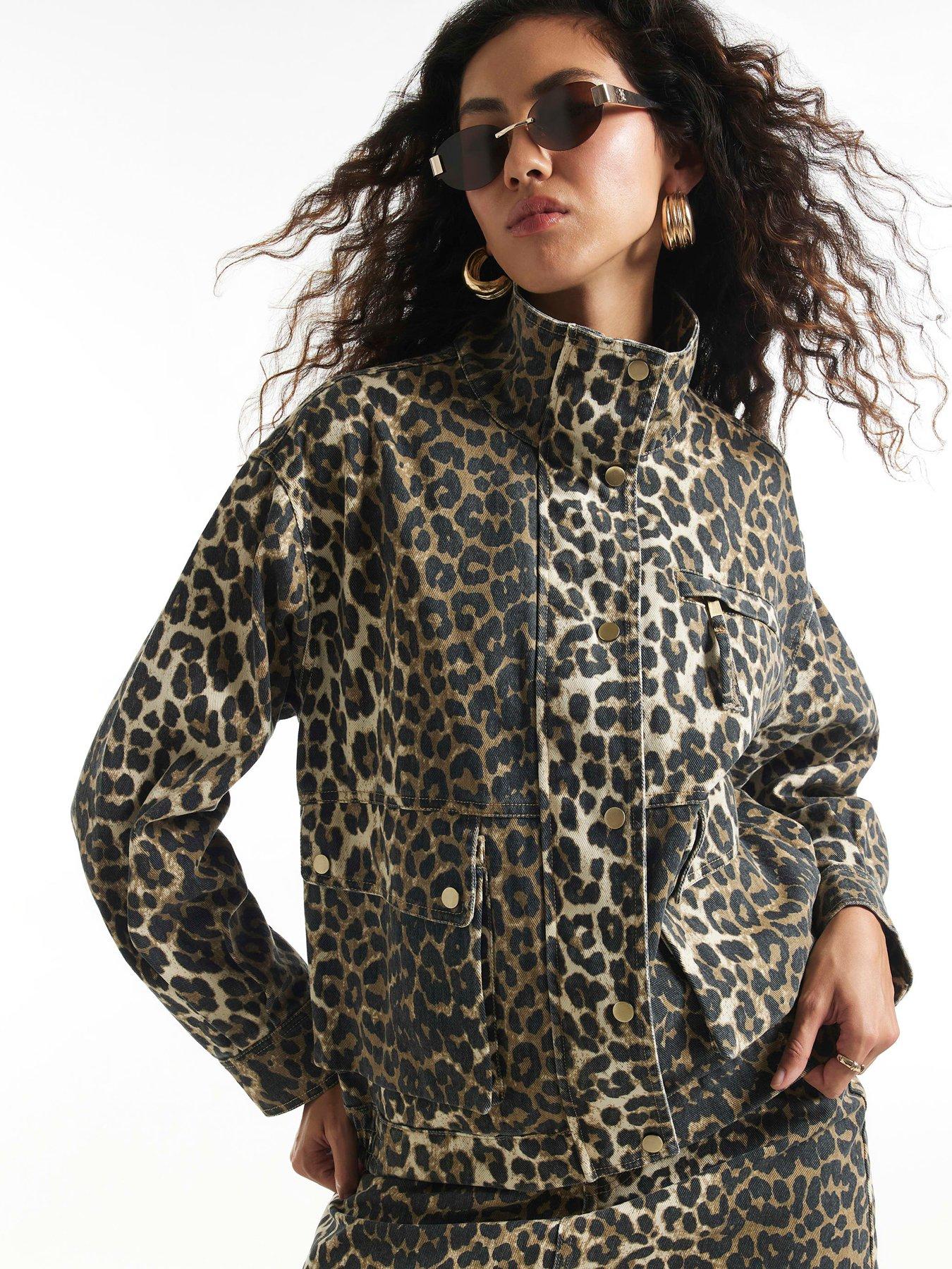 Image 1 of 4 of River Island Leopard Denim Funnel Neck Jacket - Brown