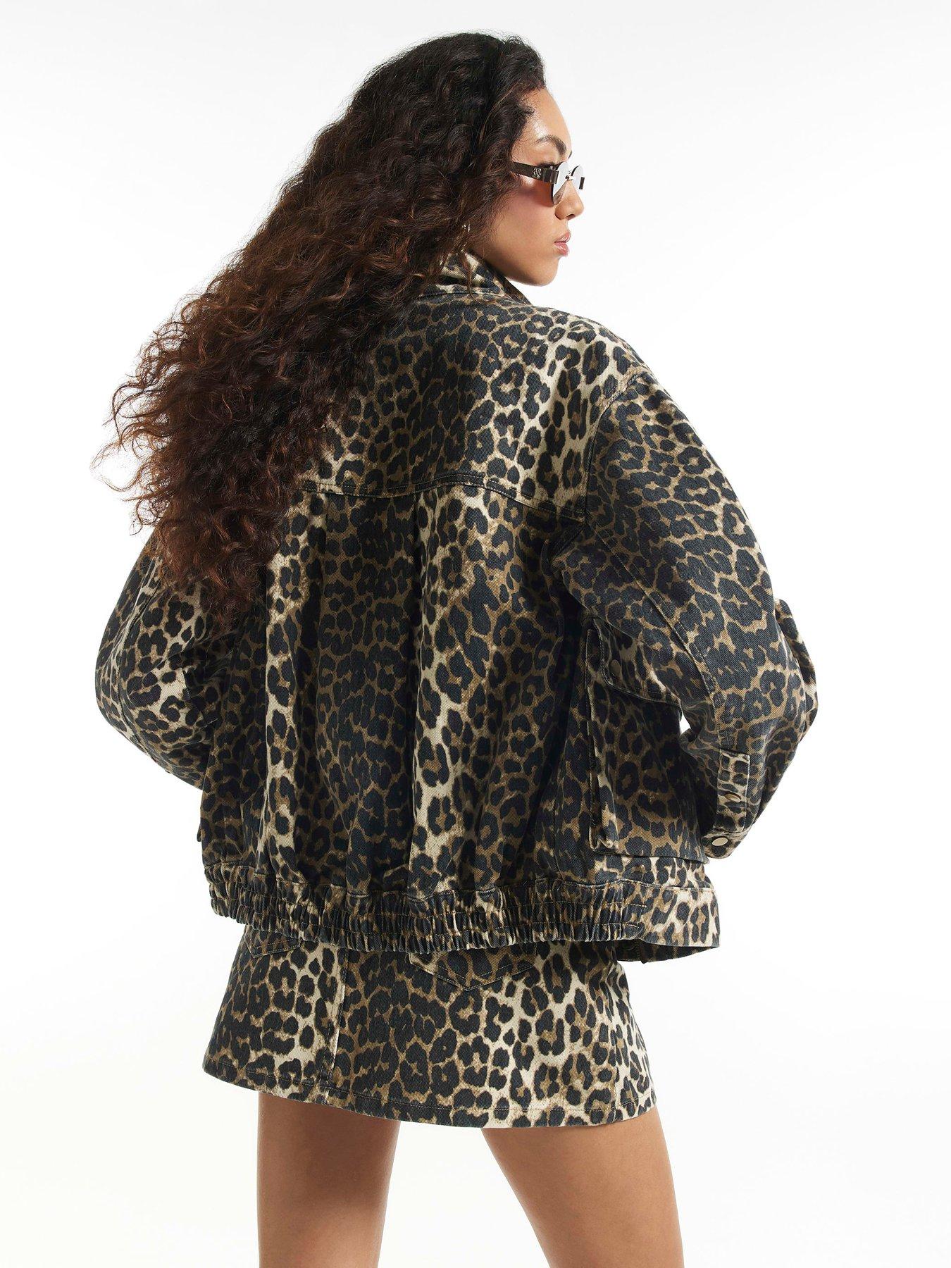 Image 2 of 4 of River Island Leopard Denim Funnel Neck Jacket - Brown