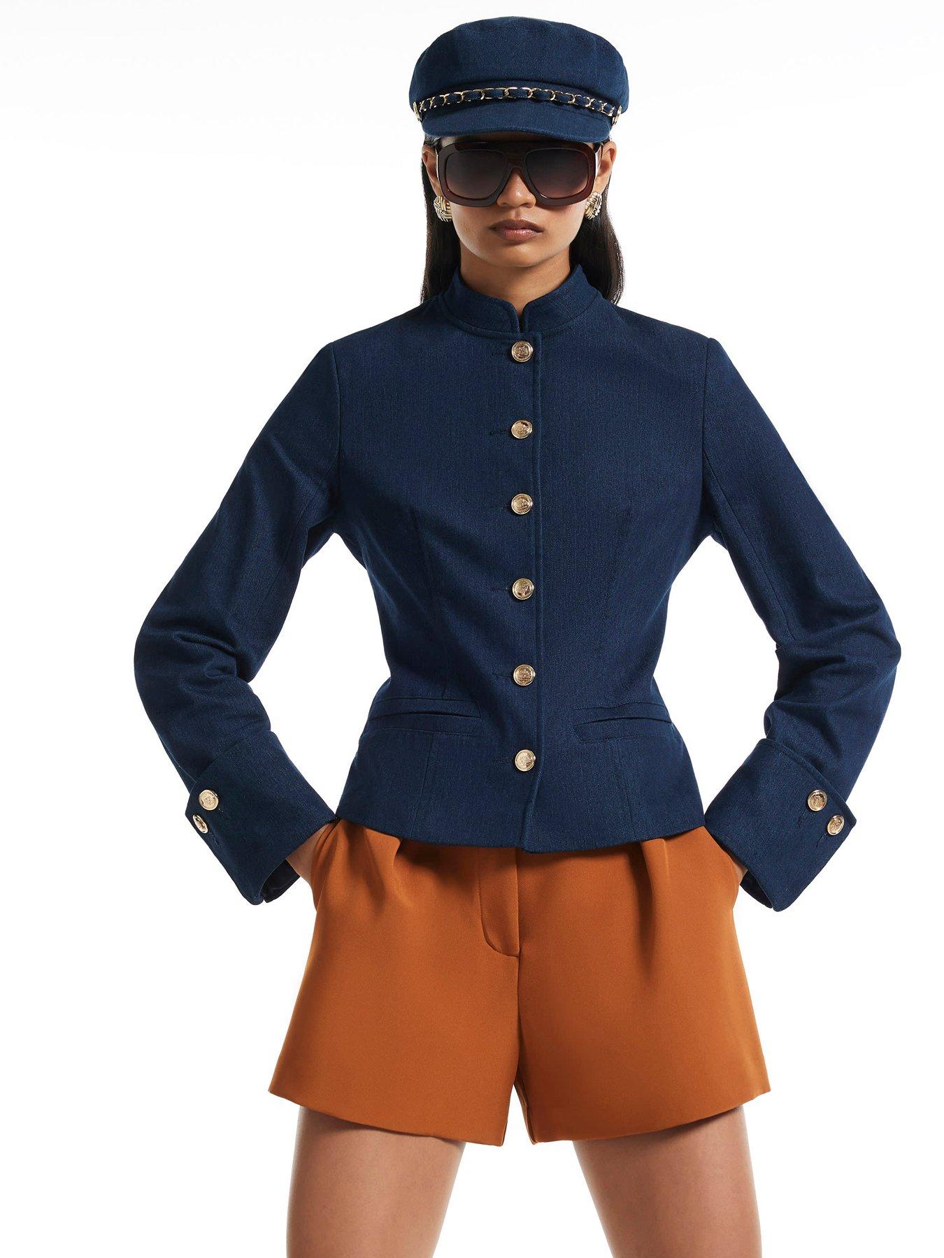 Image 1 of 4 of River Island Denim High Neck Military Jacket - Blue