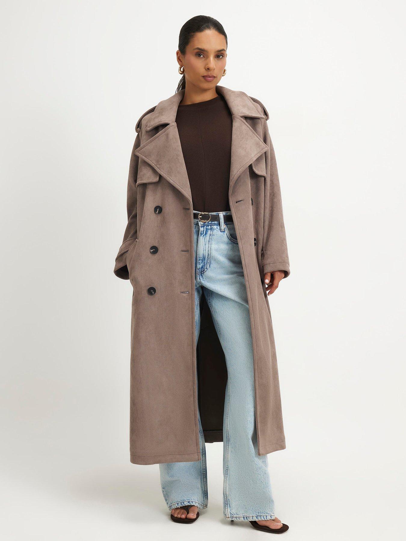 Image 1 of 4 of River Island Petite Faux Suede Trench Coat - Purple