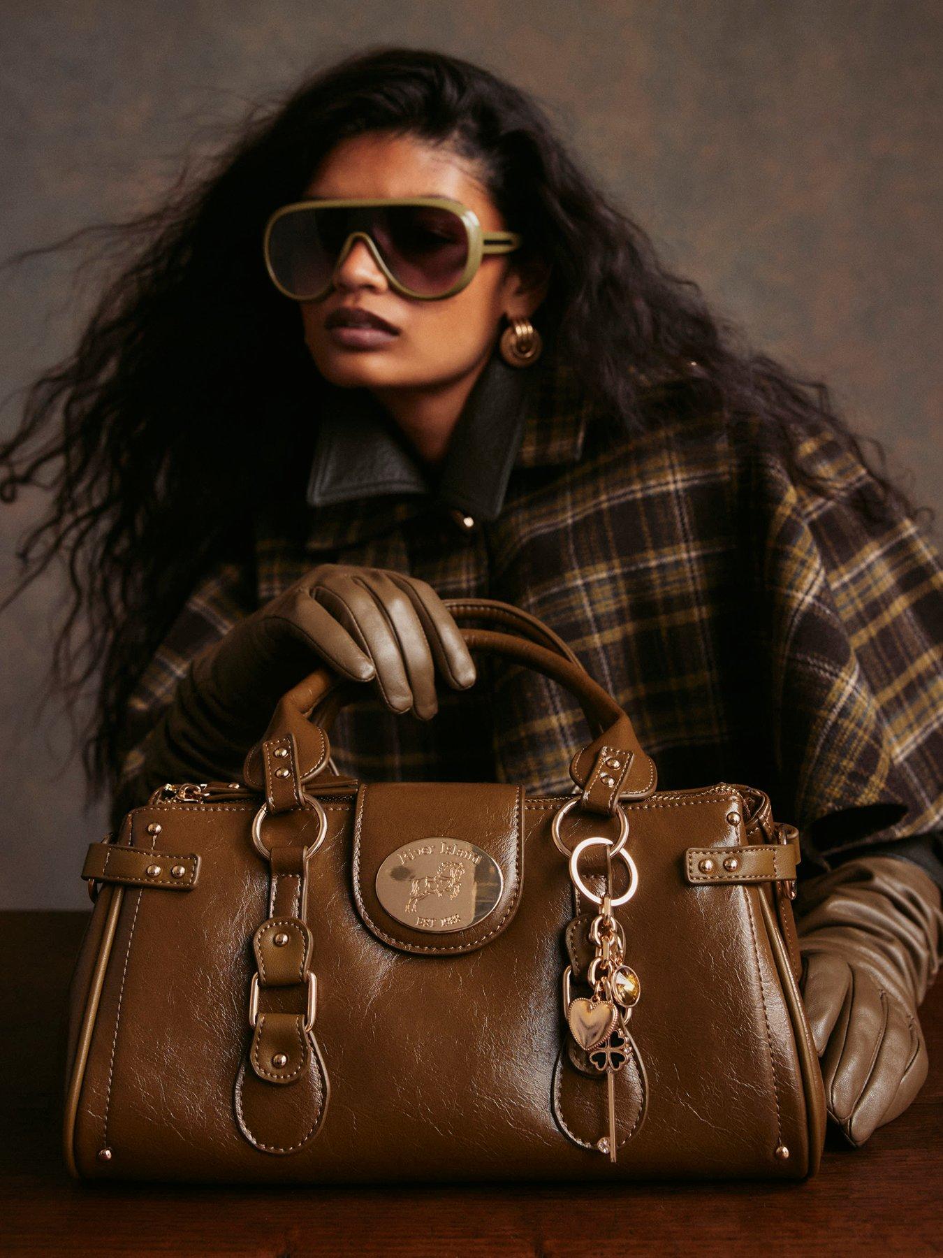 Image 1 of 4 of River Island Medium Front Buckle Charm Tote Bag - Khaki