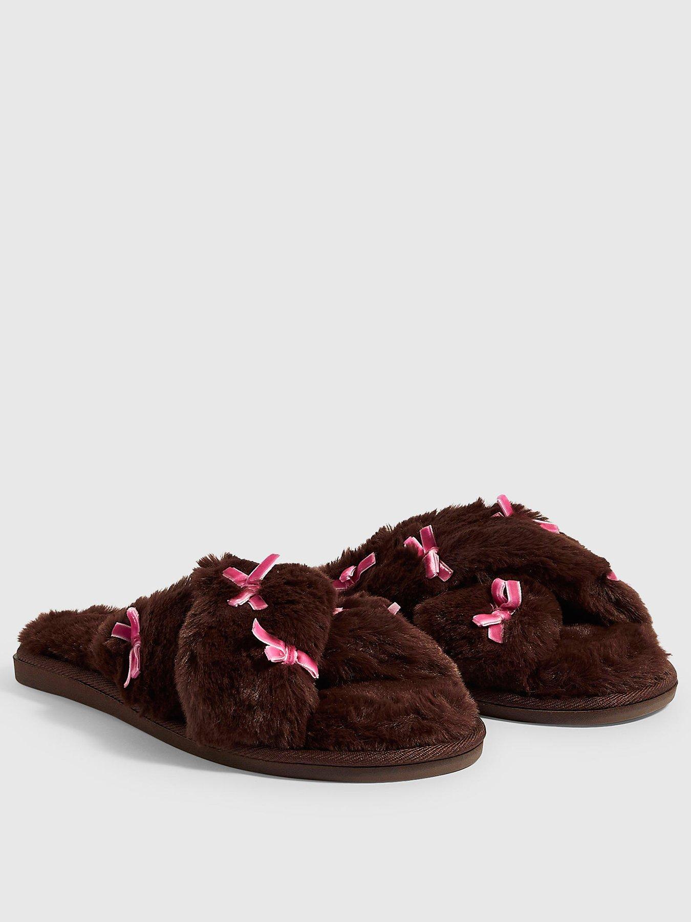 Image 2 of 4 of River Island Fluffy Cross Strap Bow Slippers