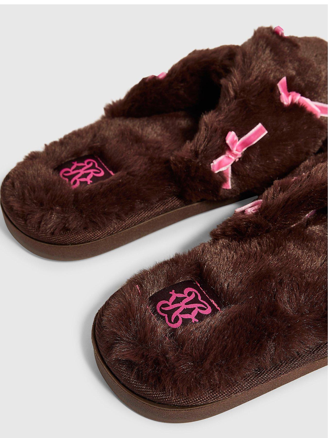 Image 4 of 4 of River Island Fluffy Cross Strap Bow Slippers