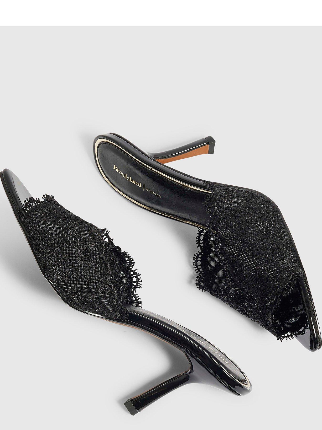 Image 4 of 4 of River Island Lace Peep Top Mule Heeled Sandals